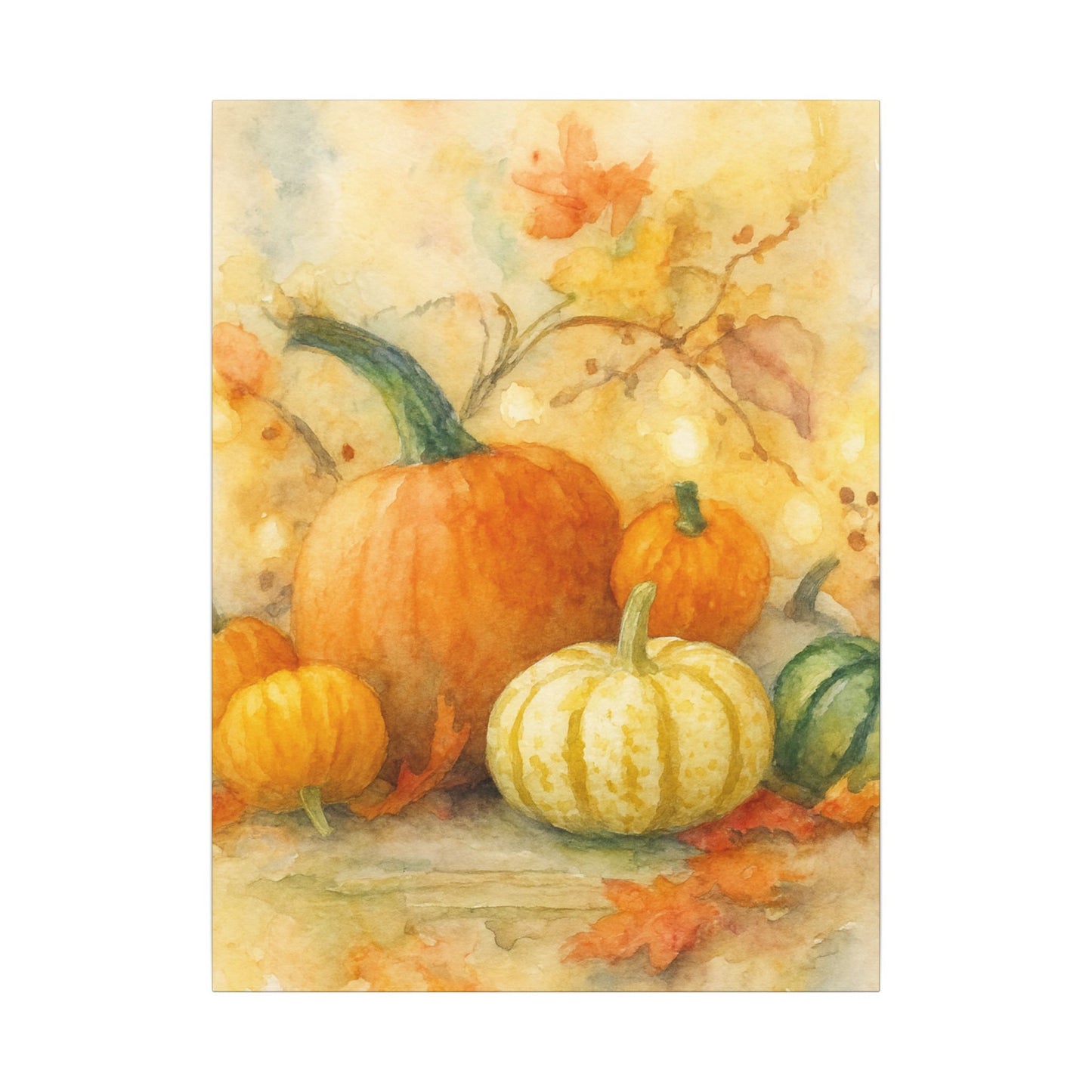 Illustration of pumpkins and gourds with flowers and leaves on a light background