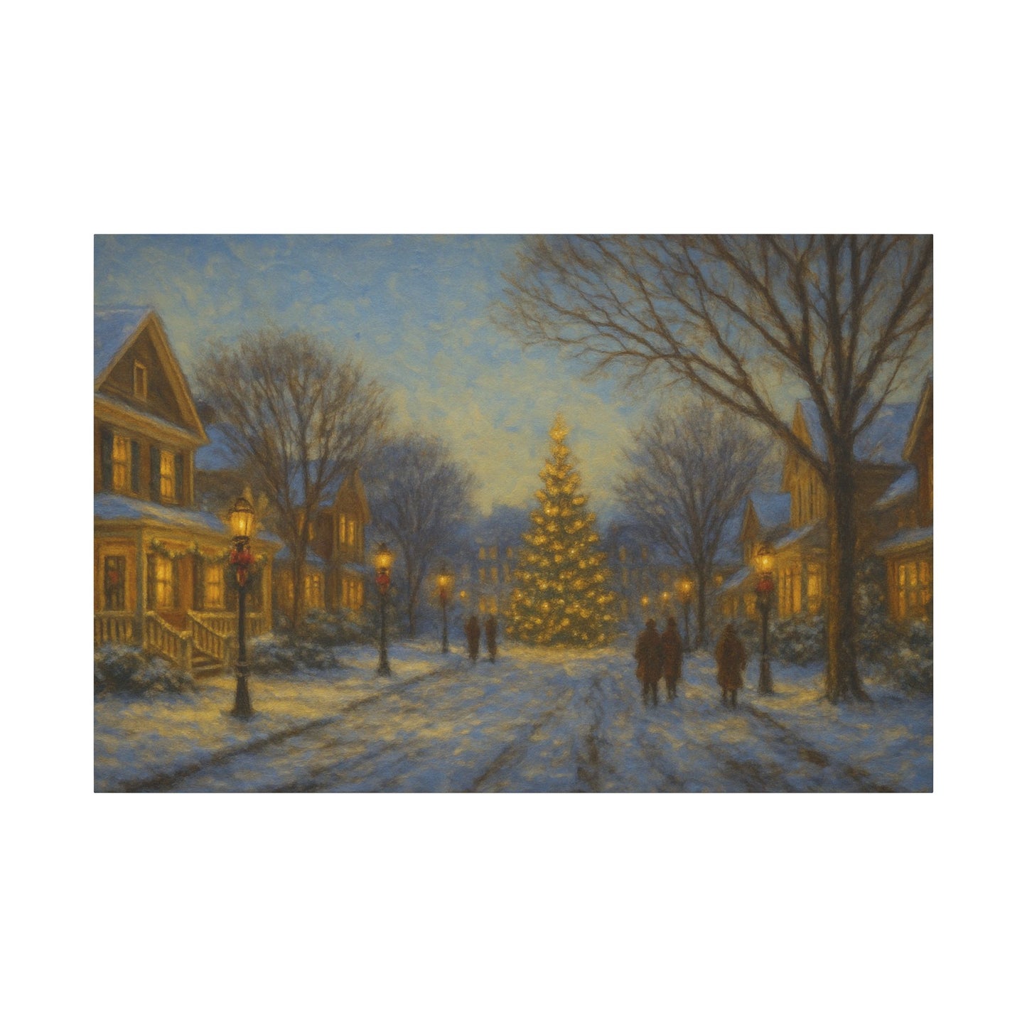 Winter scene with a decorated Christmas tree in a snowy village street.