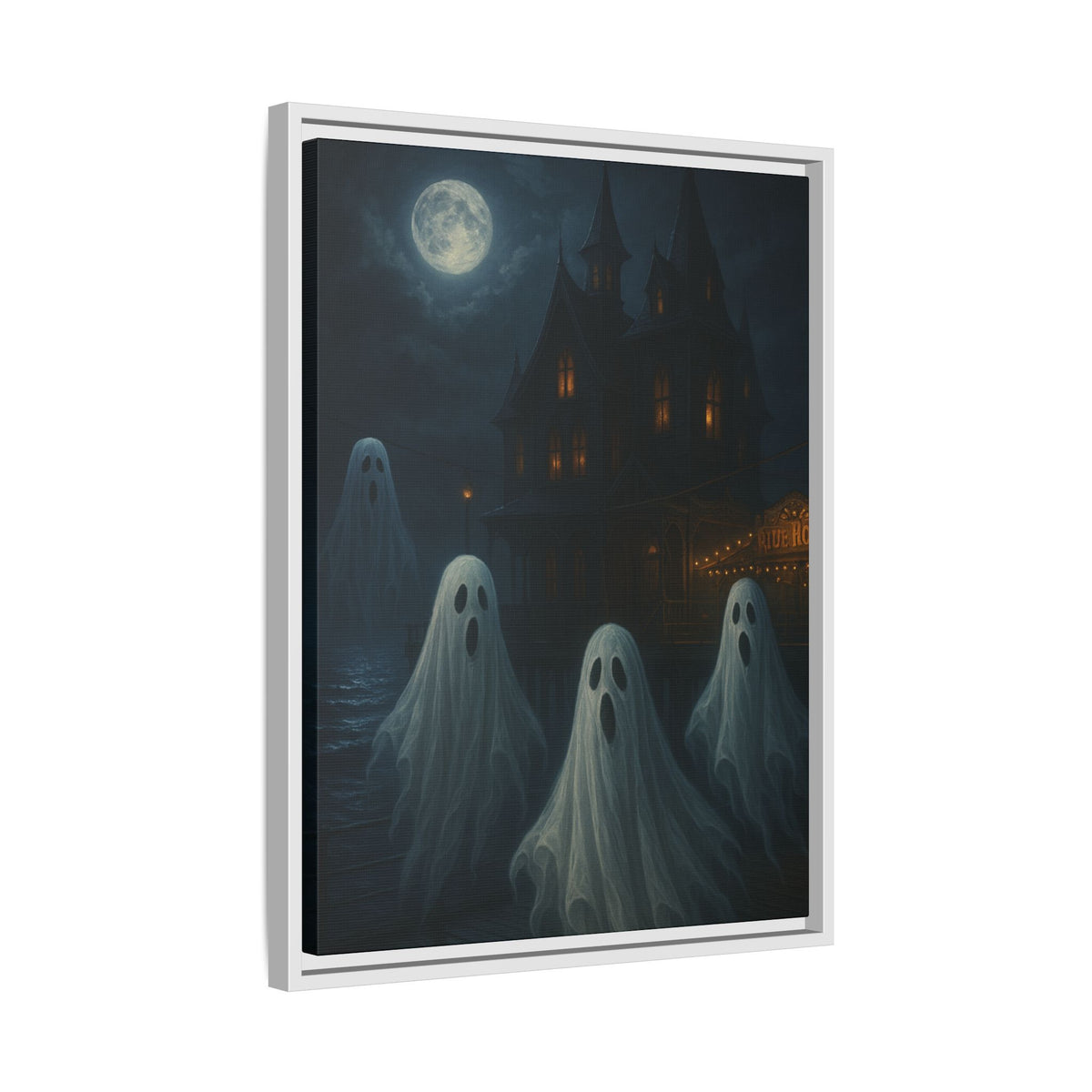 Haunted House Ghost Canvas Wall Art – Spooky Halloween Framed Art, Vintage Horror Decor, Gothic Night Scene Print