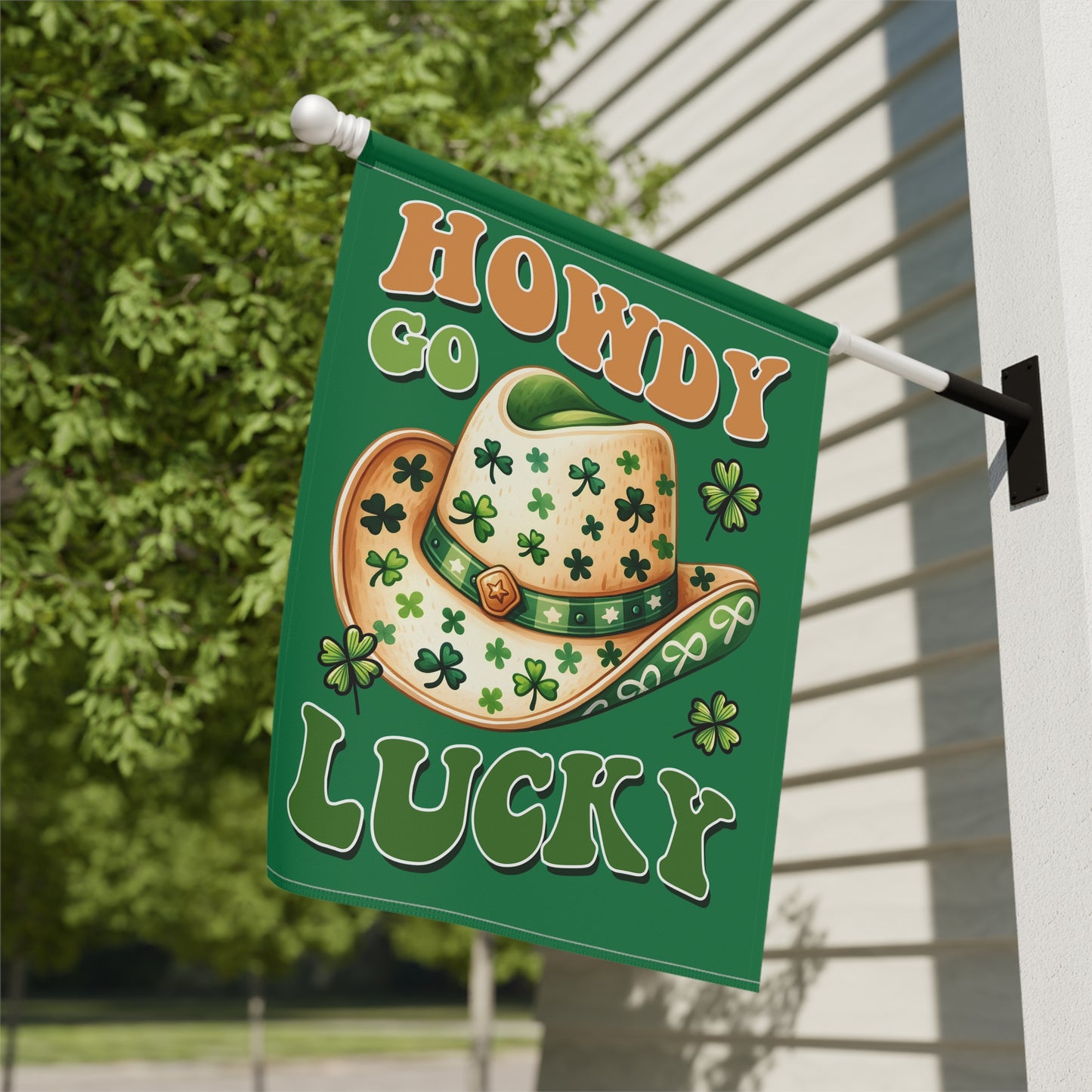 Howdy Go Lucky St. Patrick’s Day Garden Flag | Shamrock Cowboy Hat Yard Flag | Irish Western Outdoor Decor | Funny St Patricks Flag