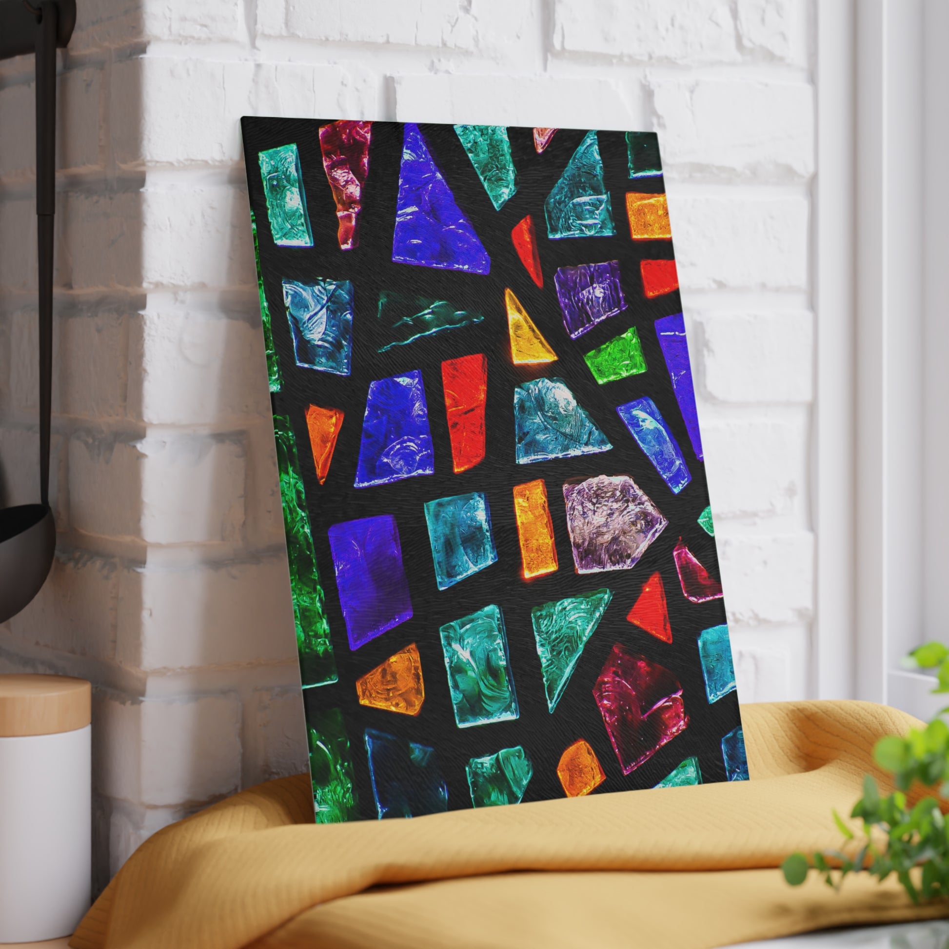 Colorful abstract art piece on a black background against a white brick wall.