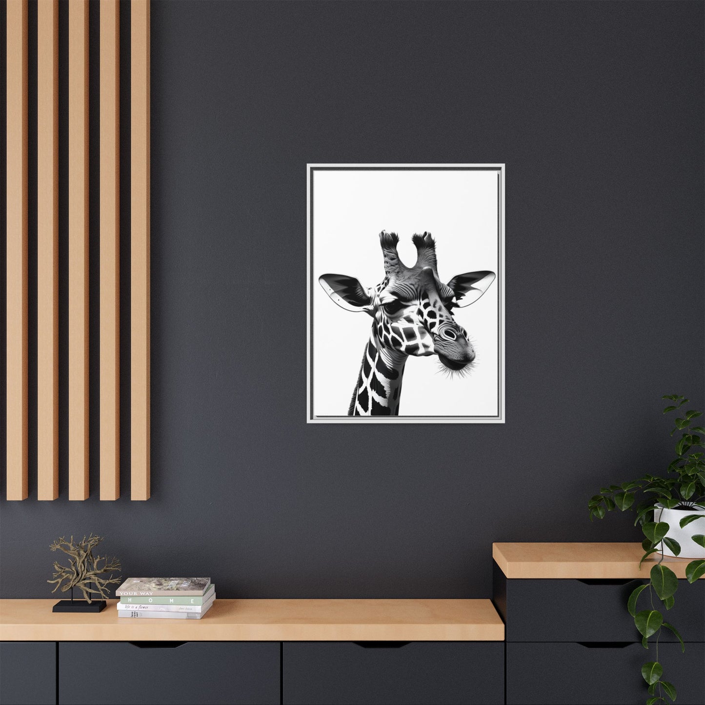 Black and White Giraffe Wall Art – Framed Safari Animal Canvas Print