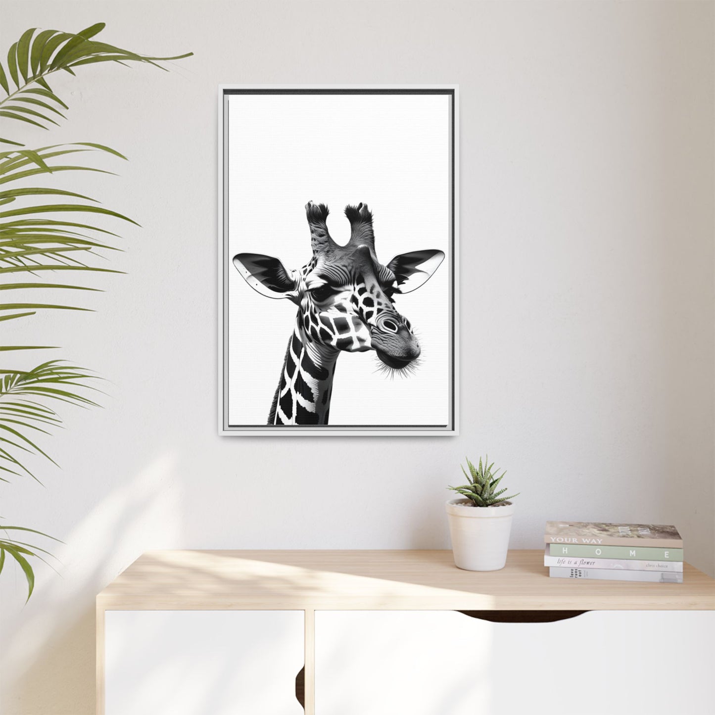 Black and White Giraffe Wall Art – Framed Safari Animal Canvas Print