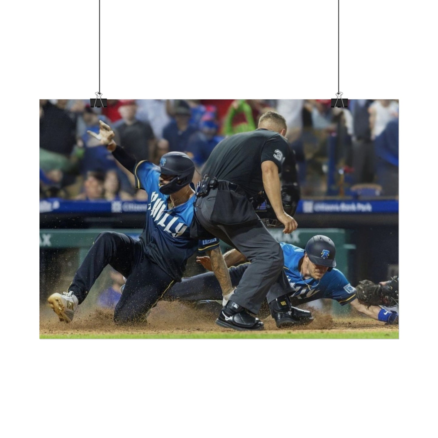Double Slide Phillies Poster Nick Castellanos J.T. Realmuto Sliding Home Philadelphia Baseball Fan Art MLB Play Tribute Philly Sports Decor