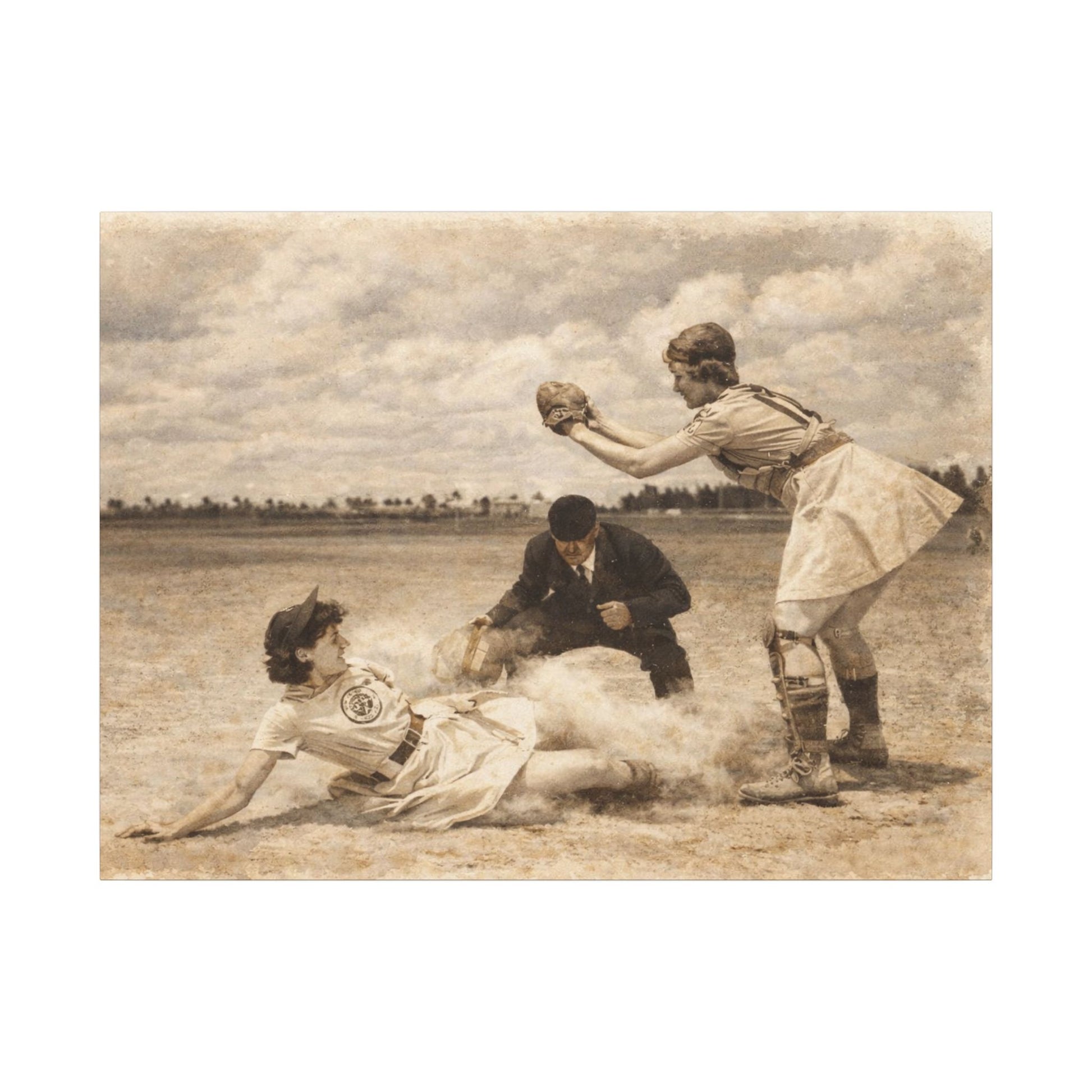Vintage-style photograph of a baseball game with a player sliding into home plate and another player catching the ball.
