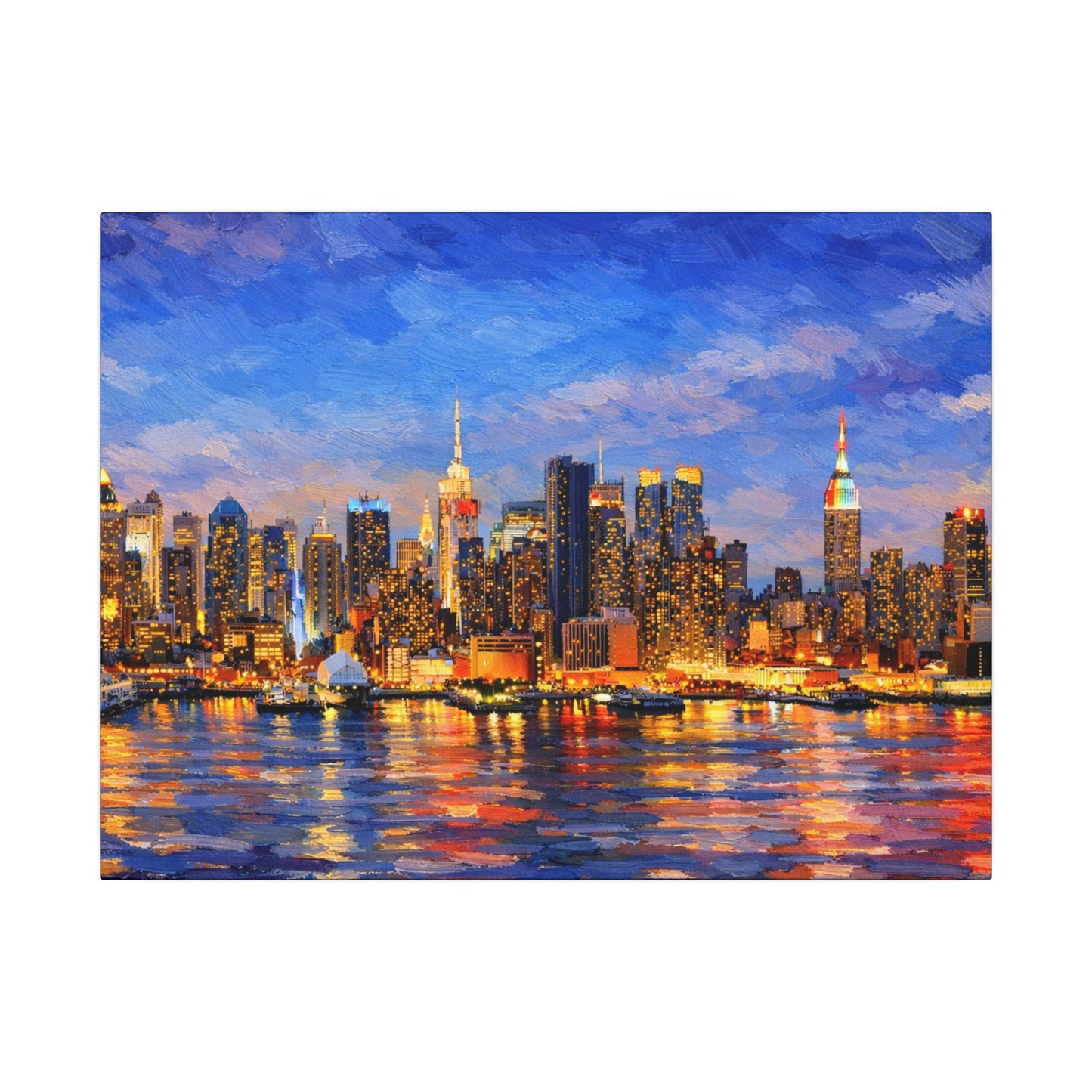 New York City Skyline Canvas Wall Art – Night Waterfront Impasto Cityscape Painting