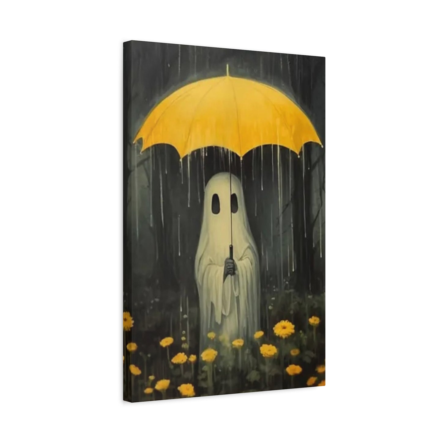 Ghost holding a yellow umbrella in a rain scene with yellow flowers on a dark background