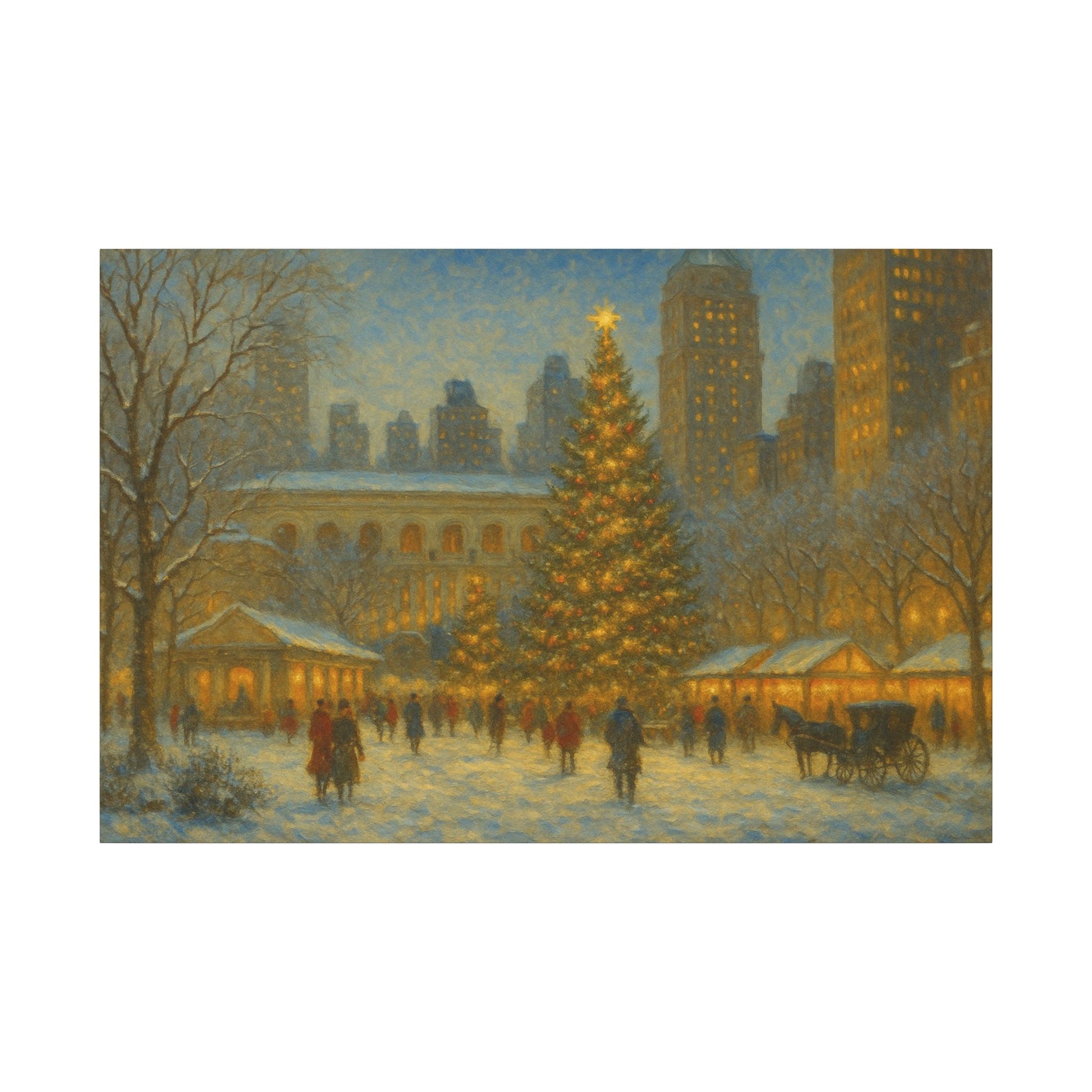 Winter scene with a large Christmas tree in an urban setting, illuminated by lights.