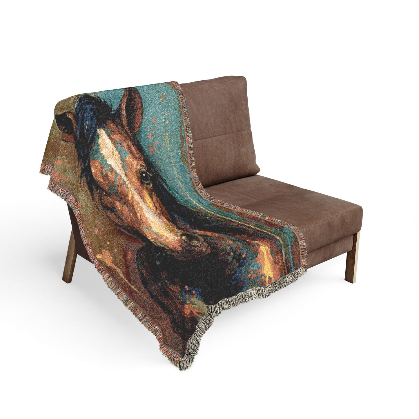 Brown chair with a horse-themed blanket draped over it on a white background