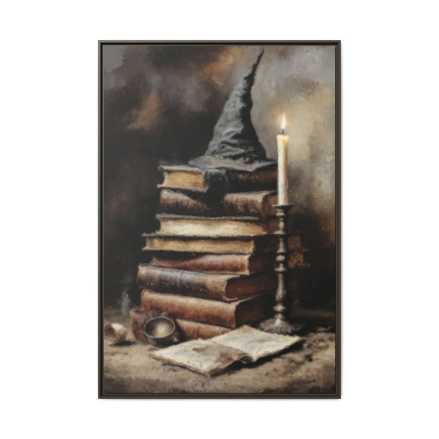 Framed artwork of a wizard's hat on books with a candle, on a white background