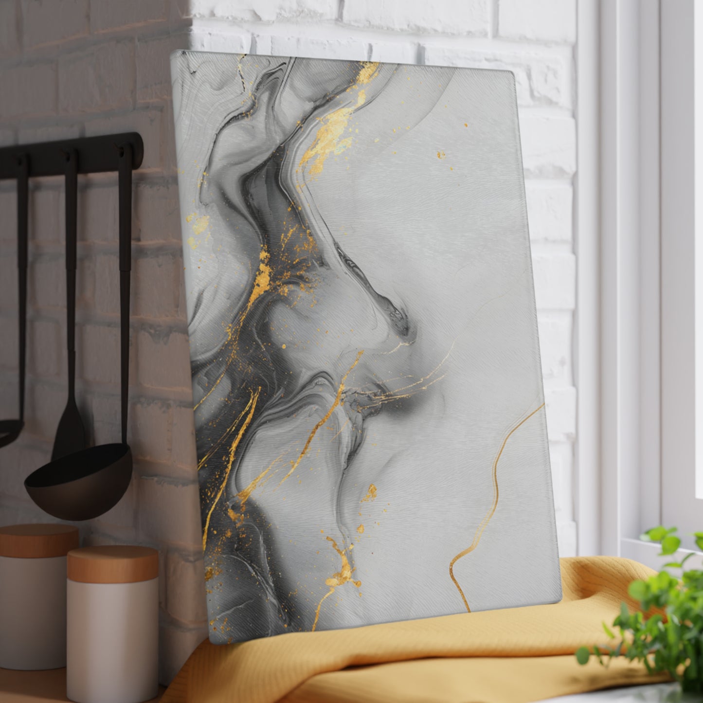 Black White Marble Glass Cutting Board | Gold Accent Kitchen Decor