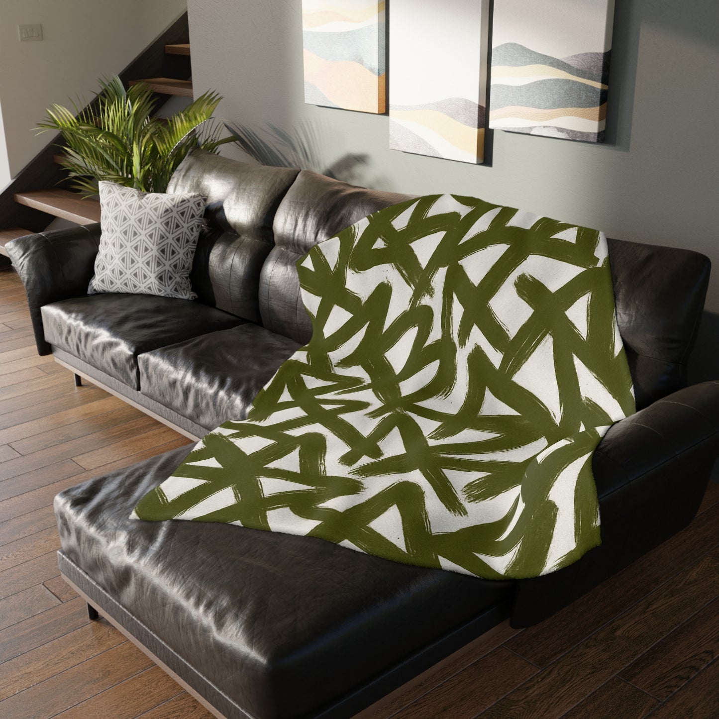 Olive Brushstroke Star Pattern Blanket | Abstract Graffiti Throw
