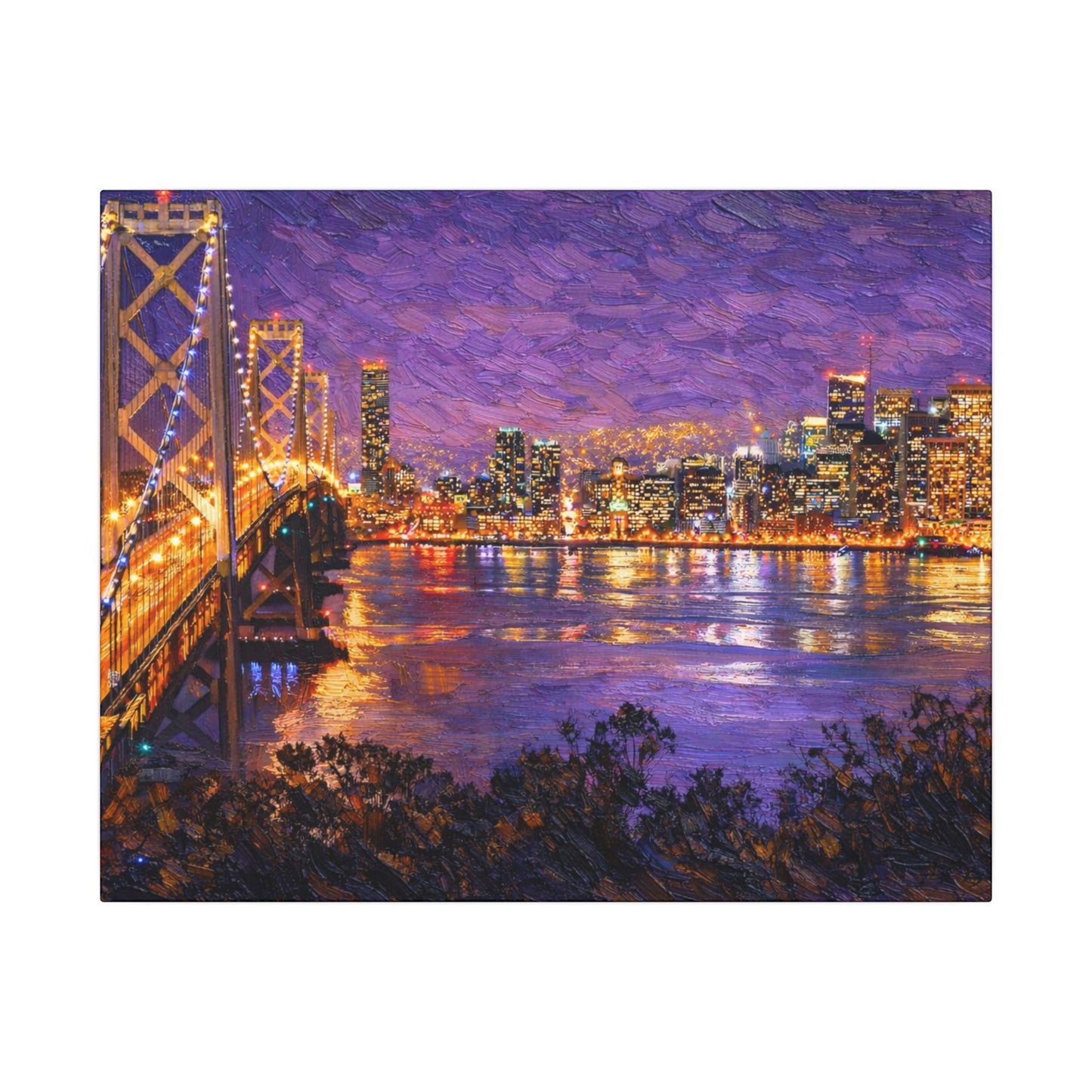San Francisco Skyline Canvas Wall Art, Bay Bridge Night Painting, Impasto Style Artwork
