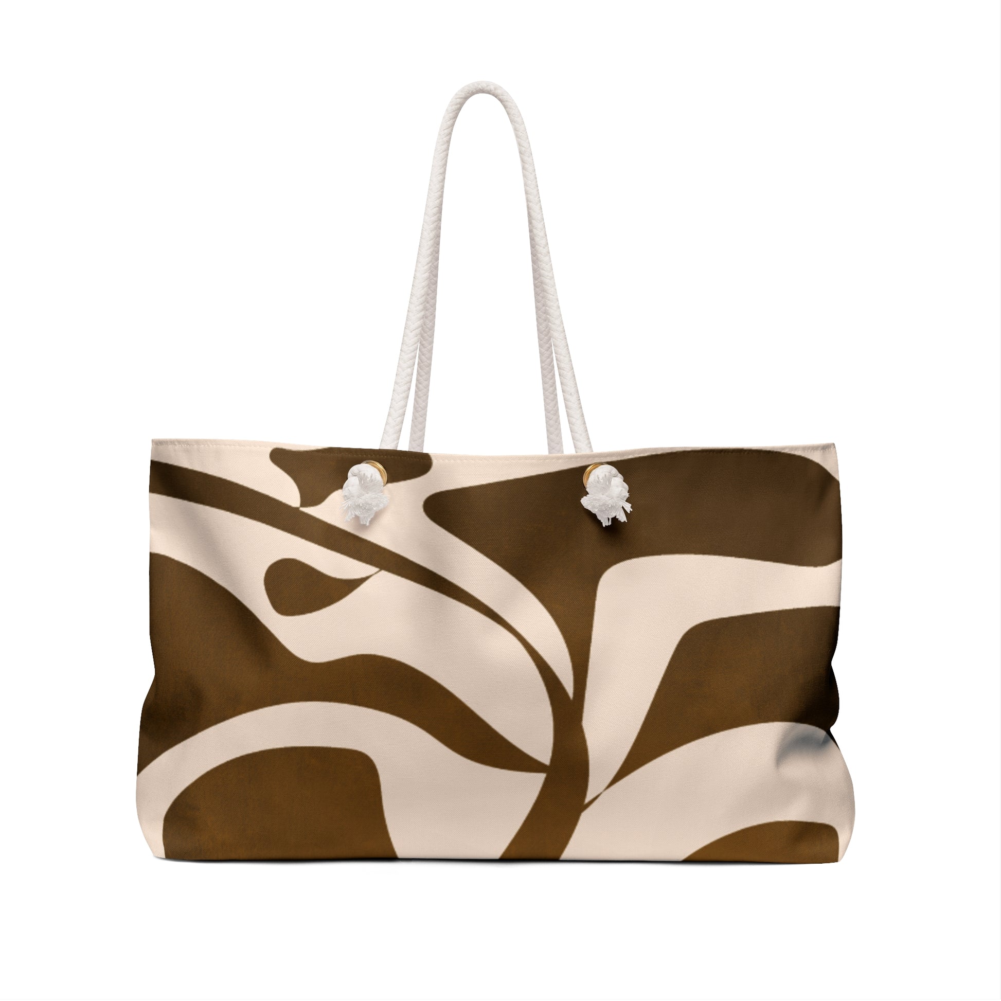 Tote bag with brown and beige abstract design on a white background