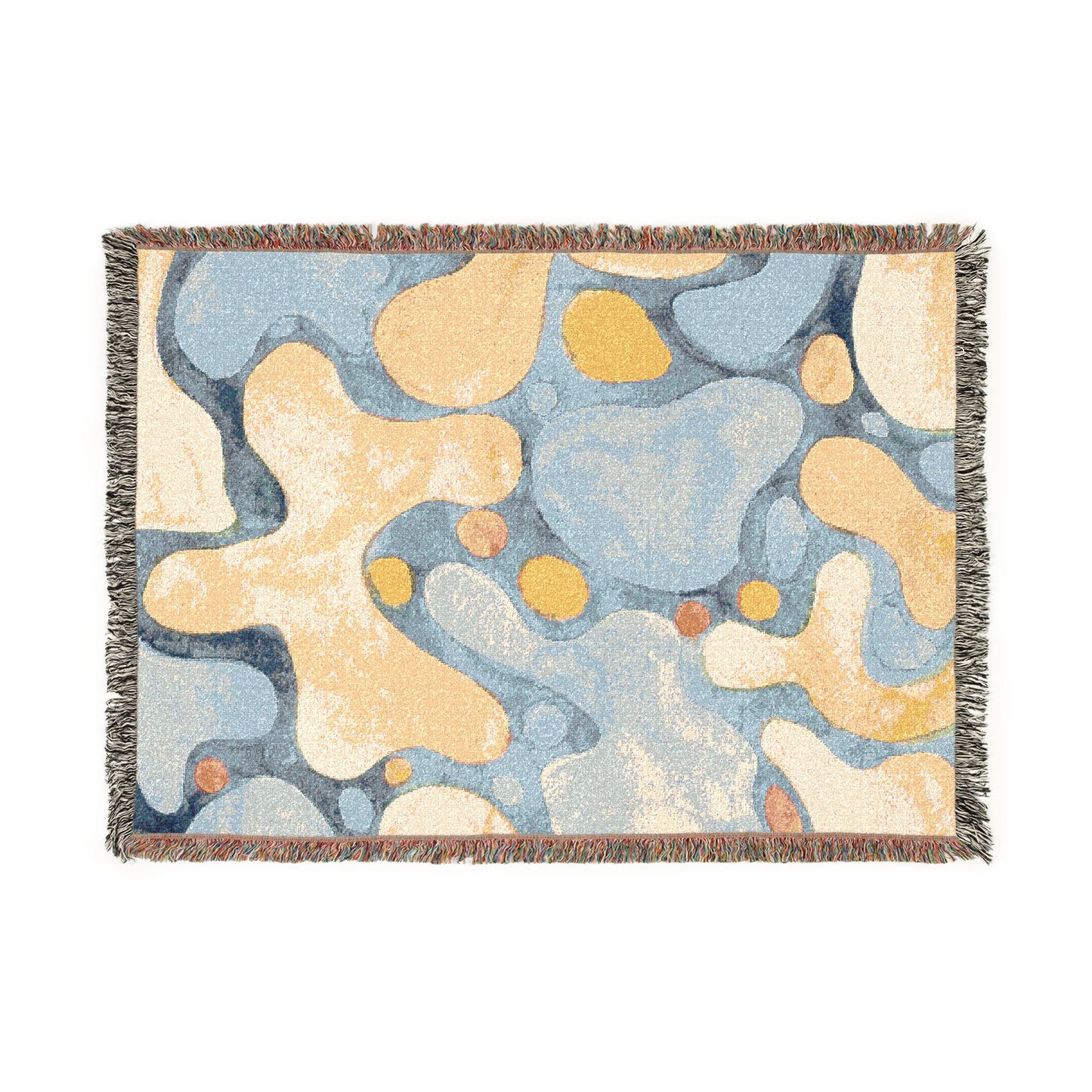 Abstract patterned rug with blue and beige colors on a white background
