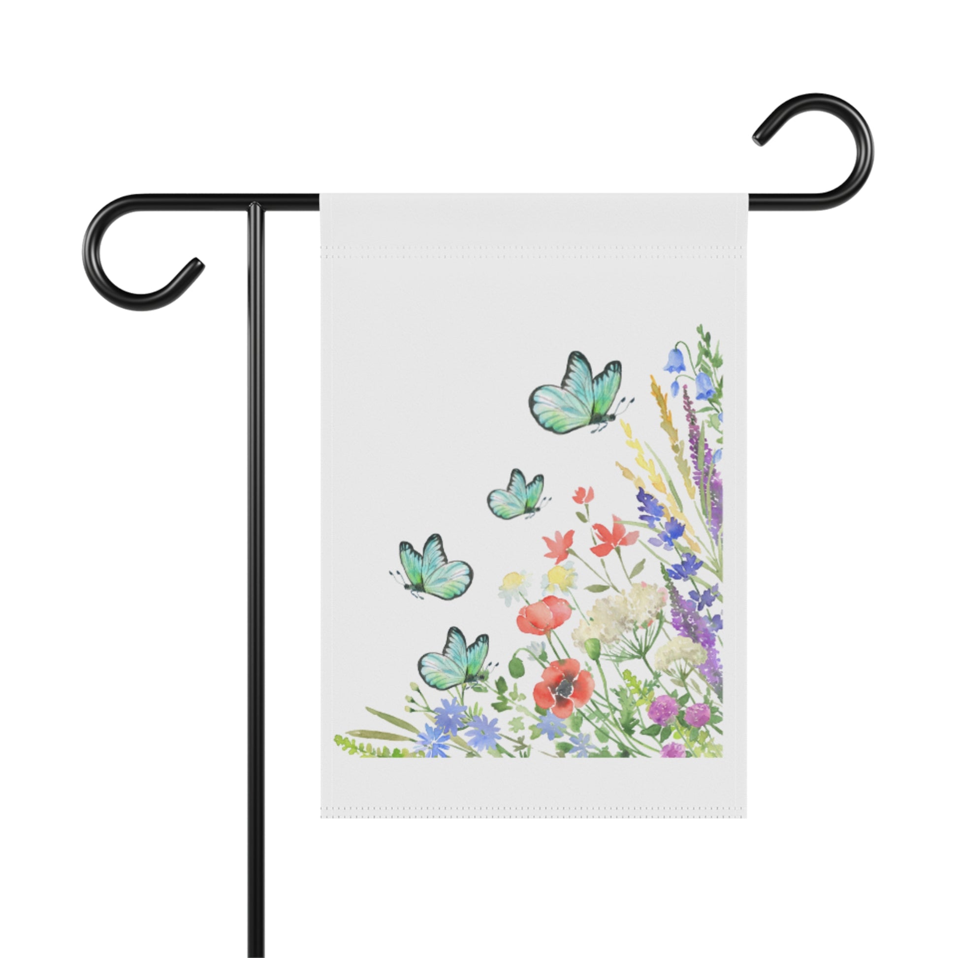 Decorative garden flag with butterflies and flowers on a white background