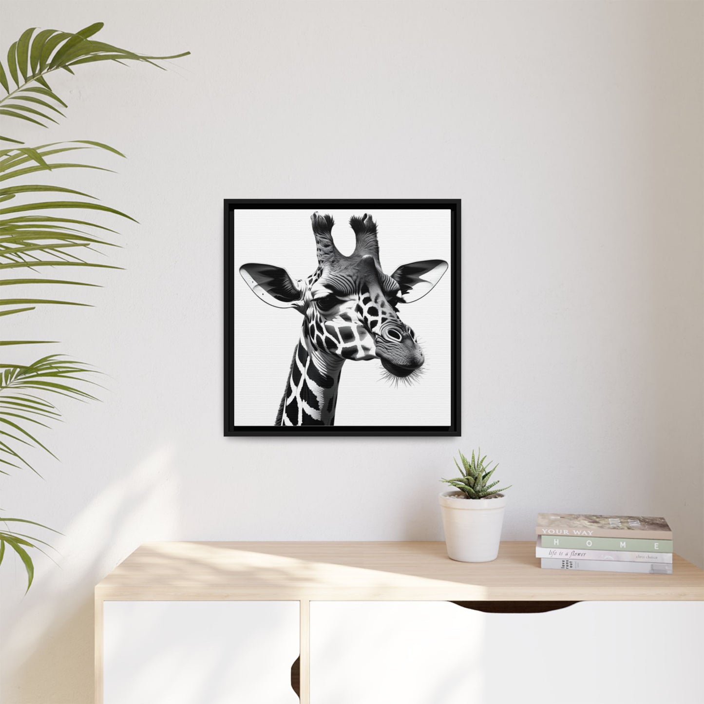 Black and White Giraffe Wall Art – Framed Safari Animal Canvas Print