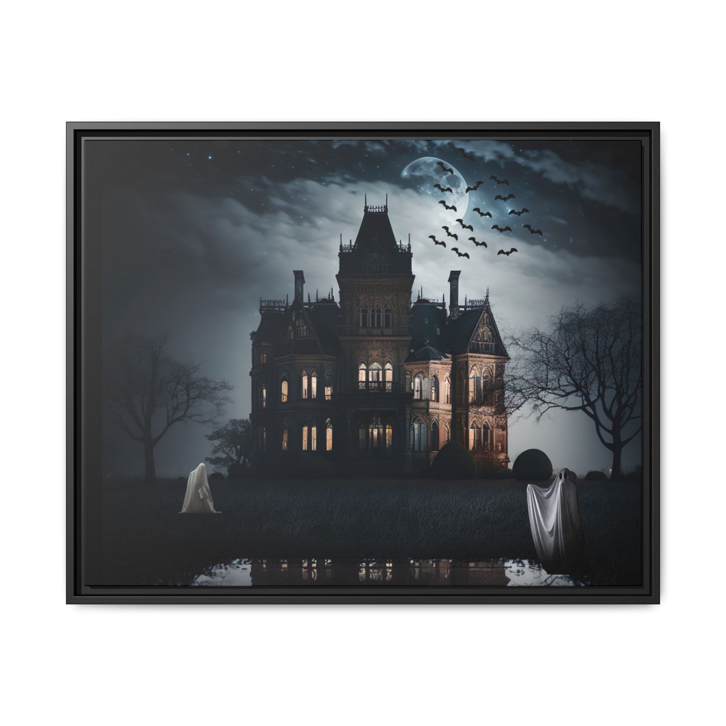 Mansion at night with ghosts and bats, framed artwork