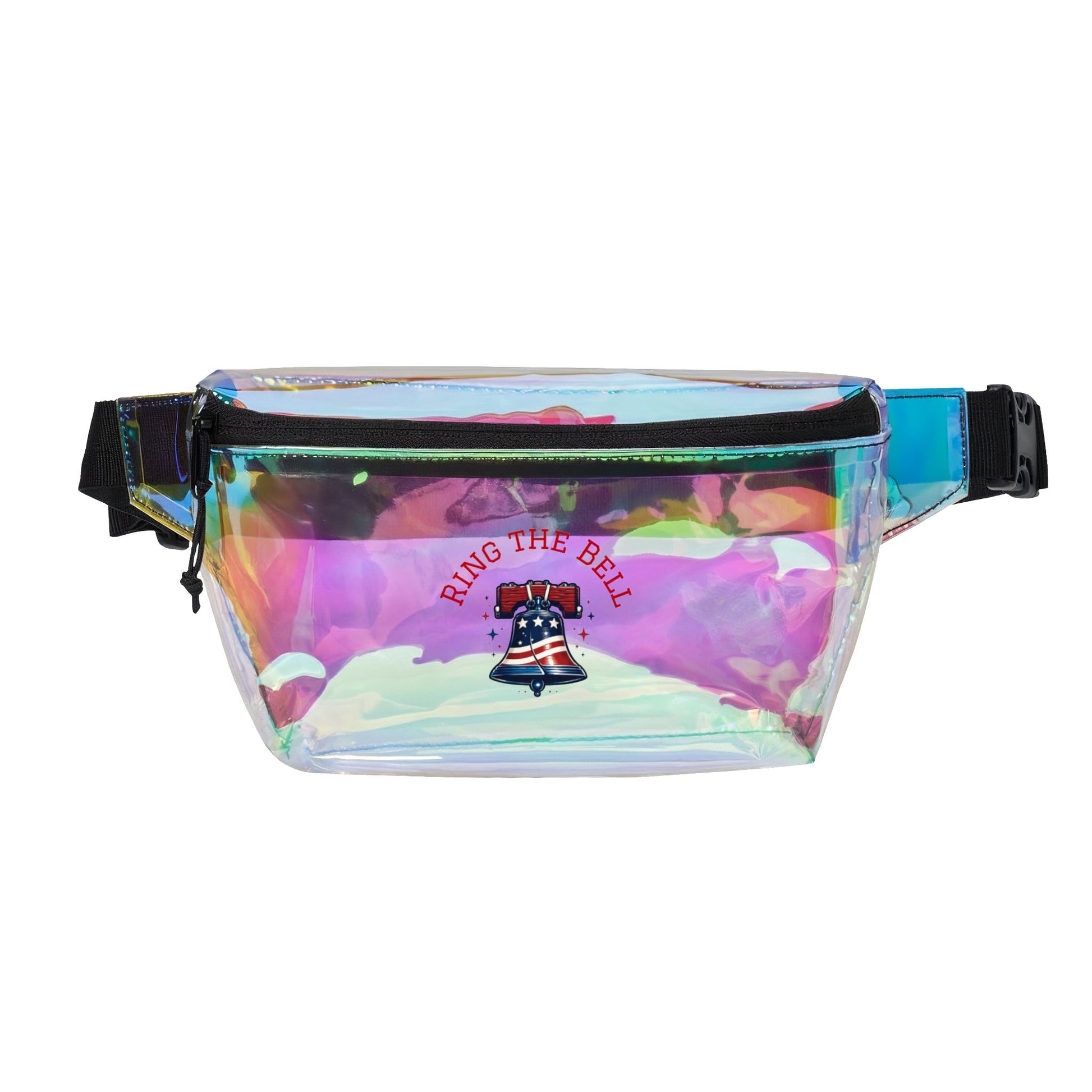 Holographic fanny pack with 'Ring the Bell' logo on a white background
