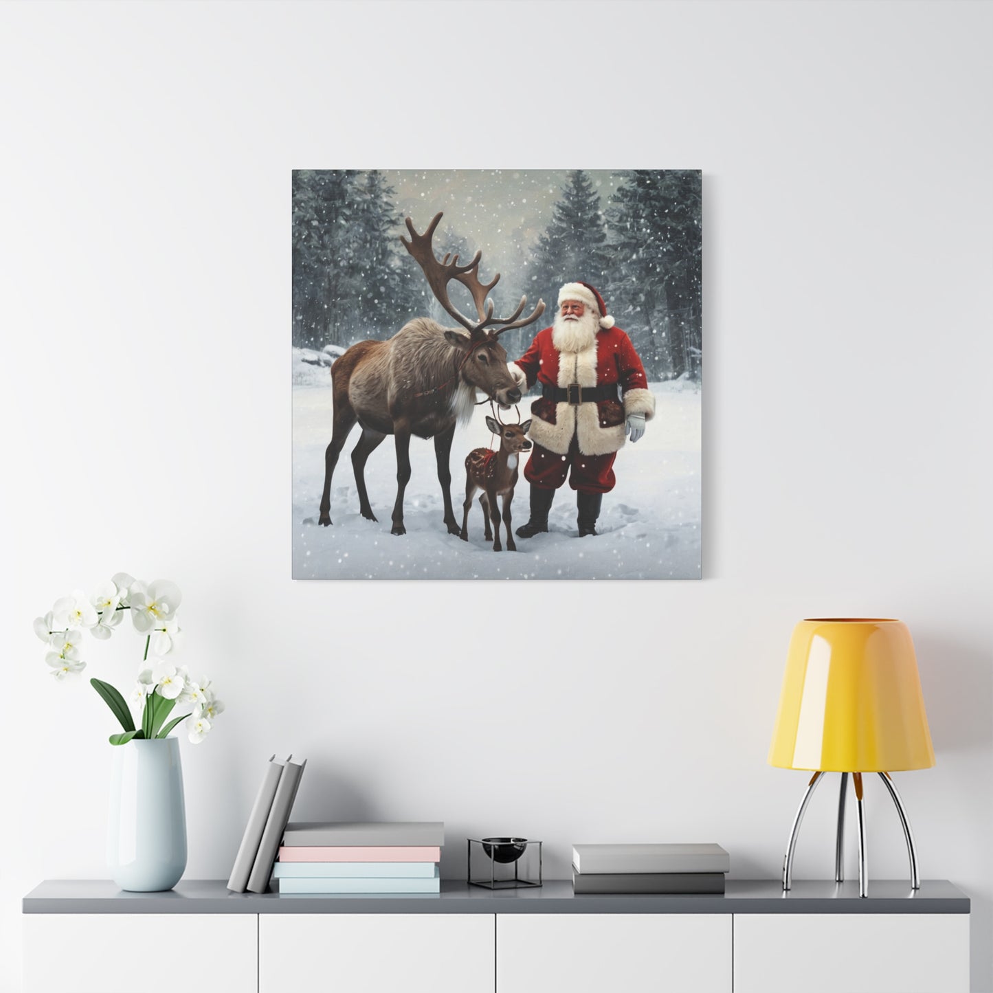 Santa with Reindeer Christmas Wall Art Canvas | Festive Holiday Home Decor