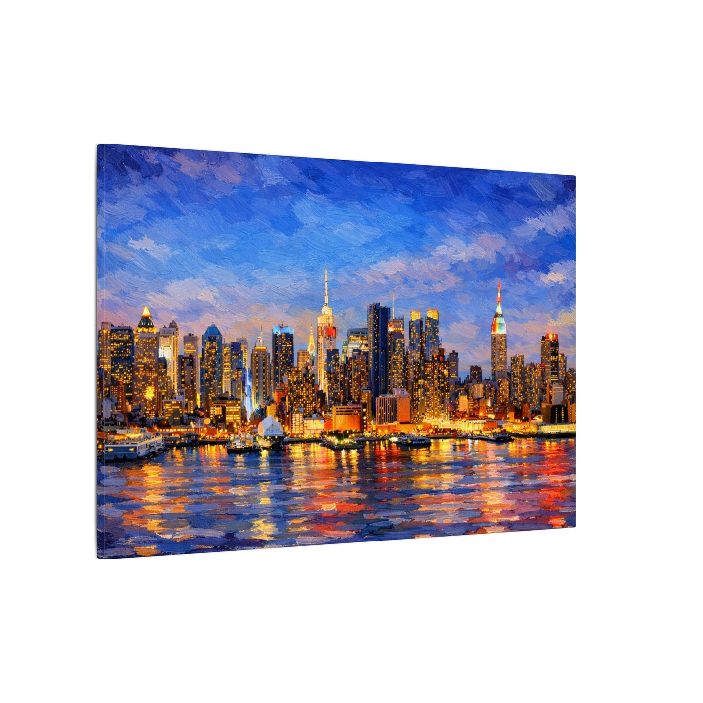 New York City Skyline Canvas Wall Art – Night Waterfront Impasto Cityscape Painting