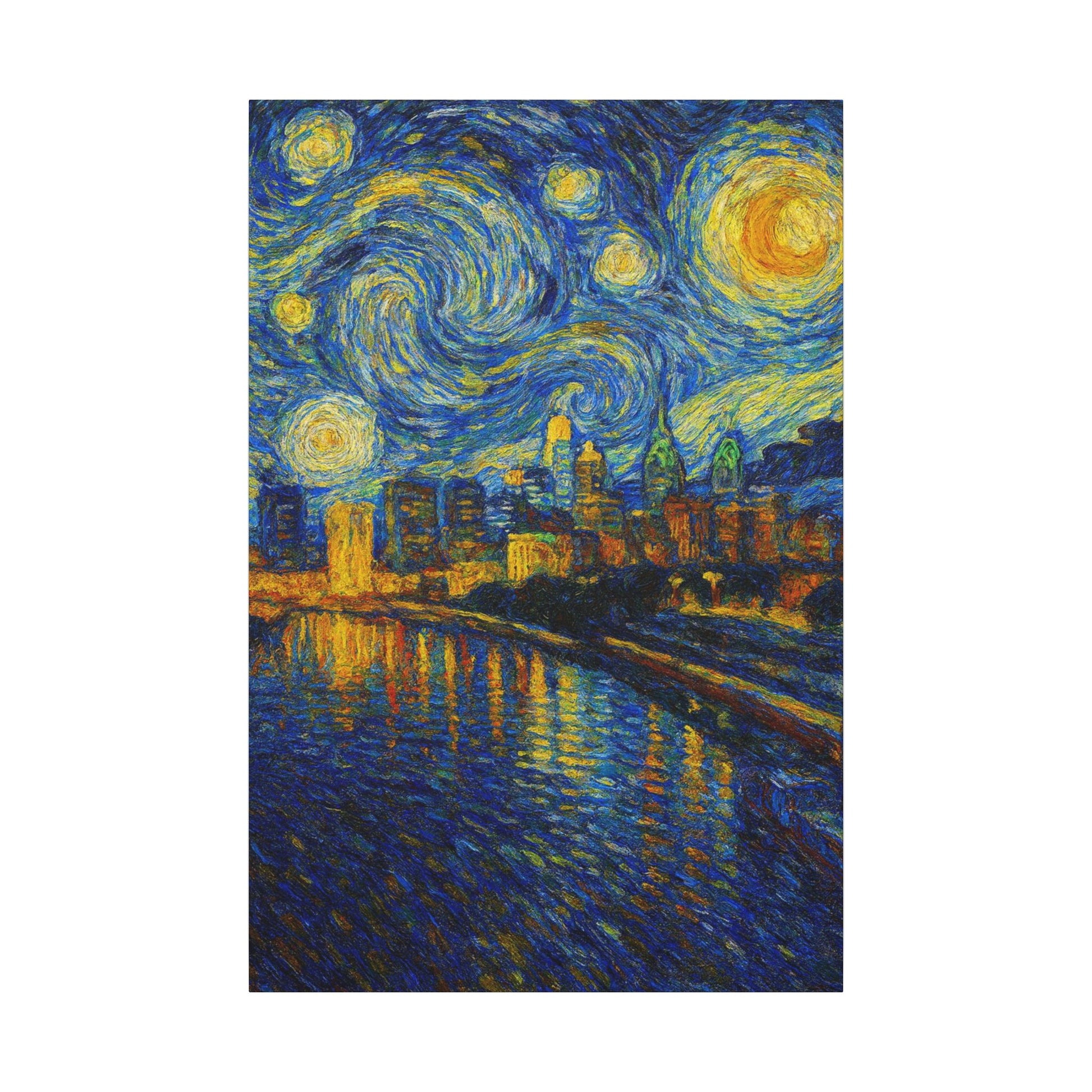 Starry night skyline with city buildings and river reflection