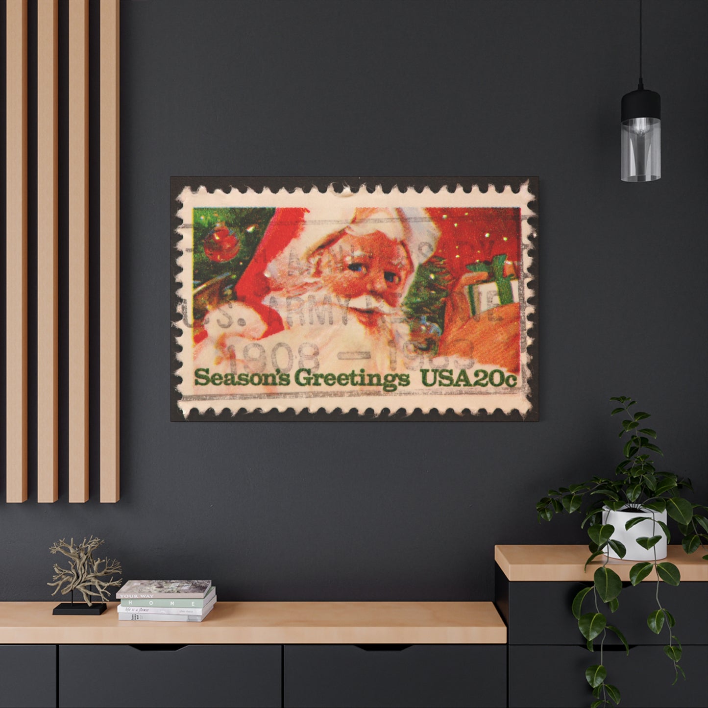 Vintage Santa Claus Stamp Wall Art US Army Postmark | Christmas Decor Mantle Art