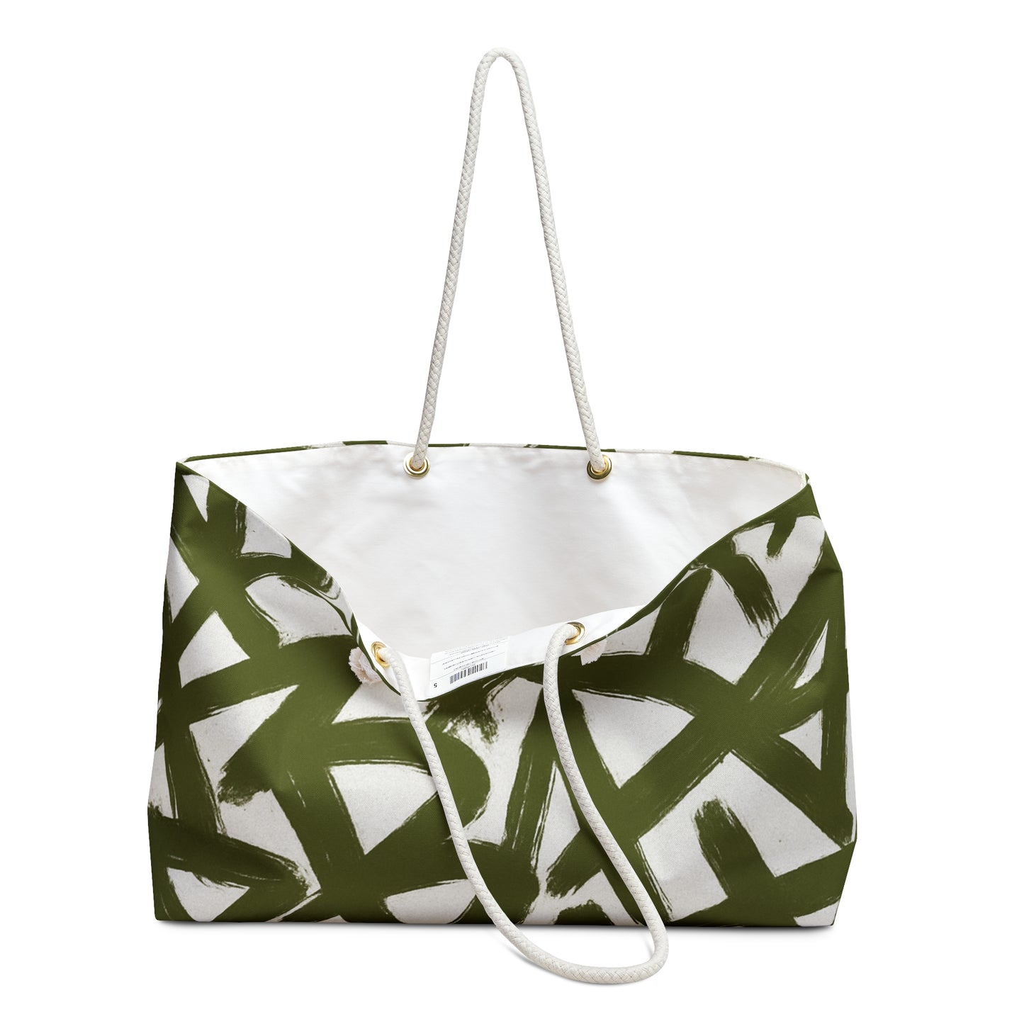 Tote bag with green and white abstract pattern on a white background