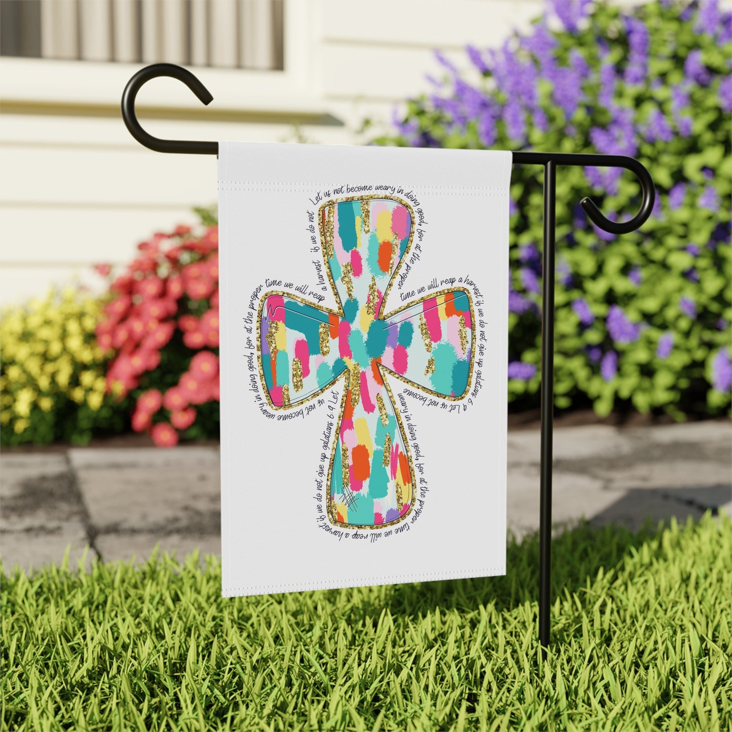 Christian Cross Garden Flag with Scripture | Colorful Faith Yard Flag | Inspirational Bible Verse Outdoor Decor | Religious Garden Flag