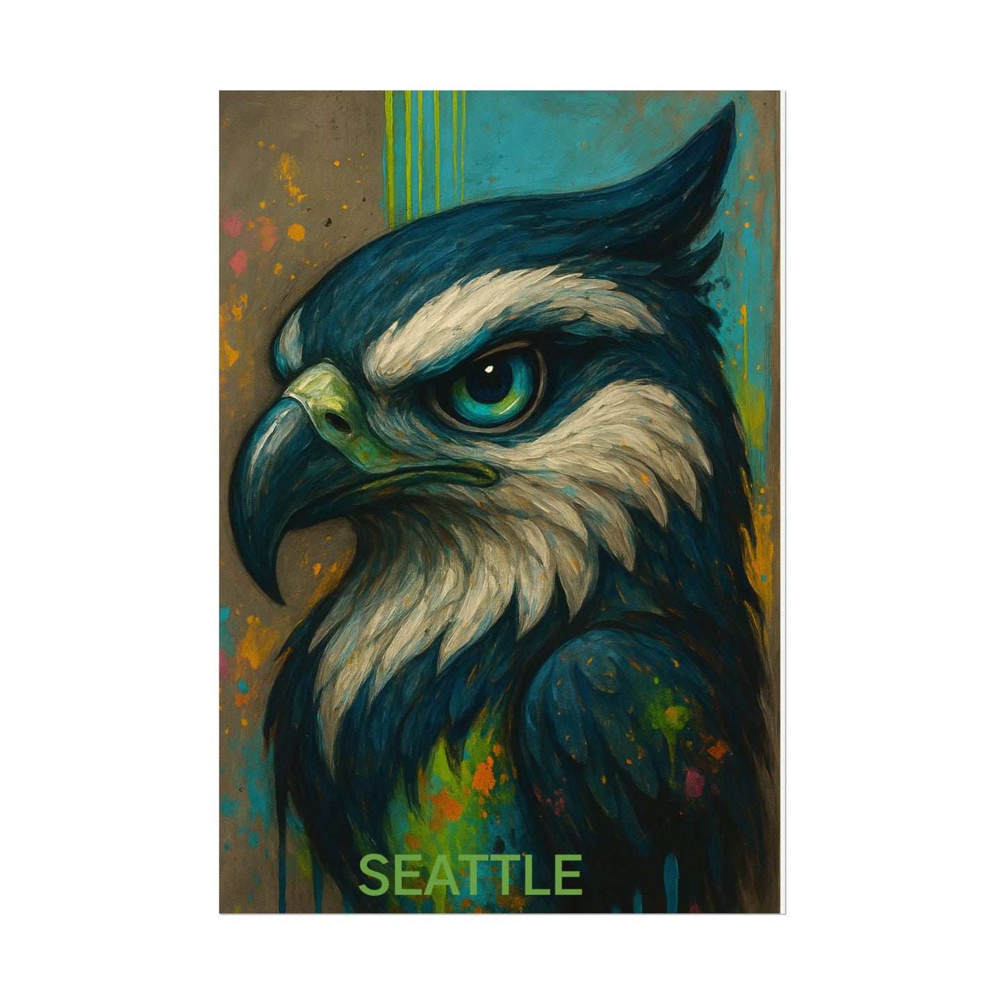 Colorful painting of an eagle with 'Seattle' text on a textured background