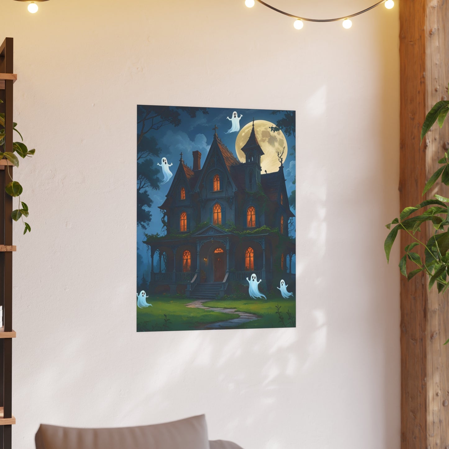 Haunted House Ghosts Poster — Friendly Ghosts Floating Around a Haunted House
