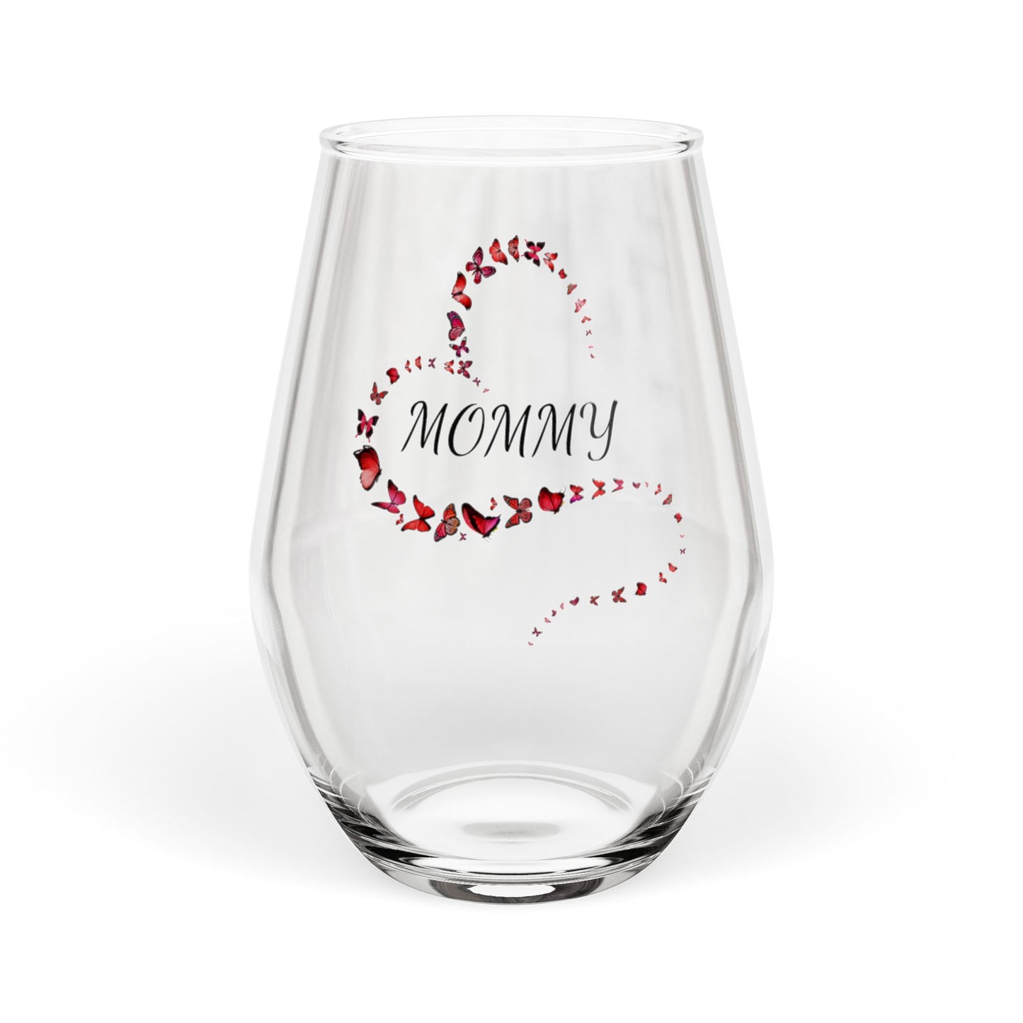 Clear glass with 'Mommy' and floral design on a white background