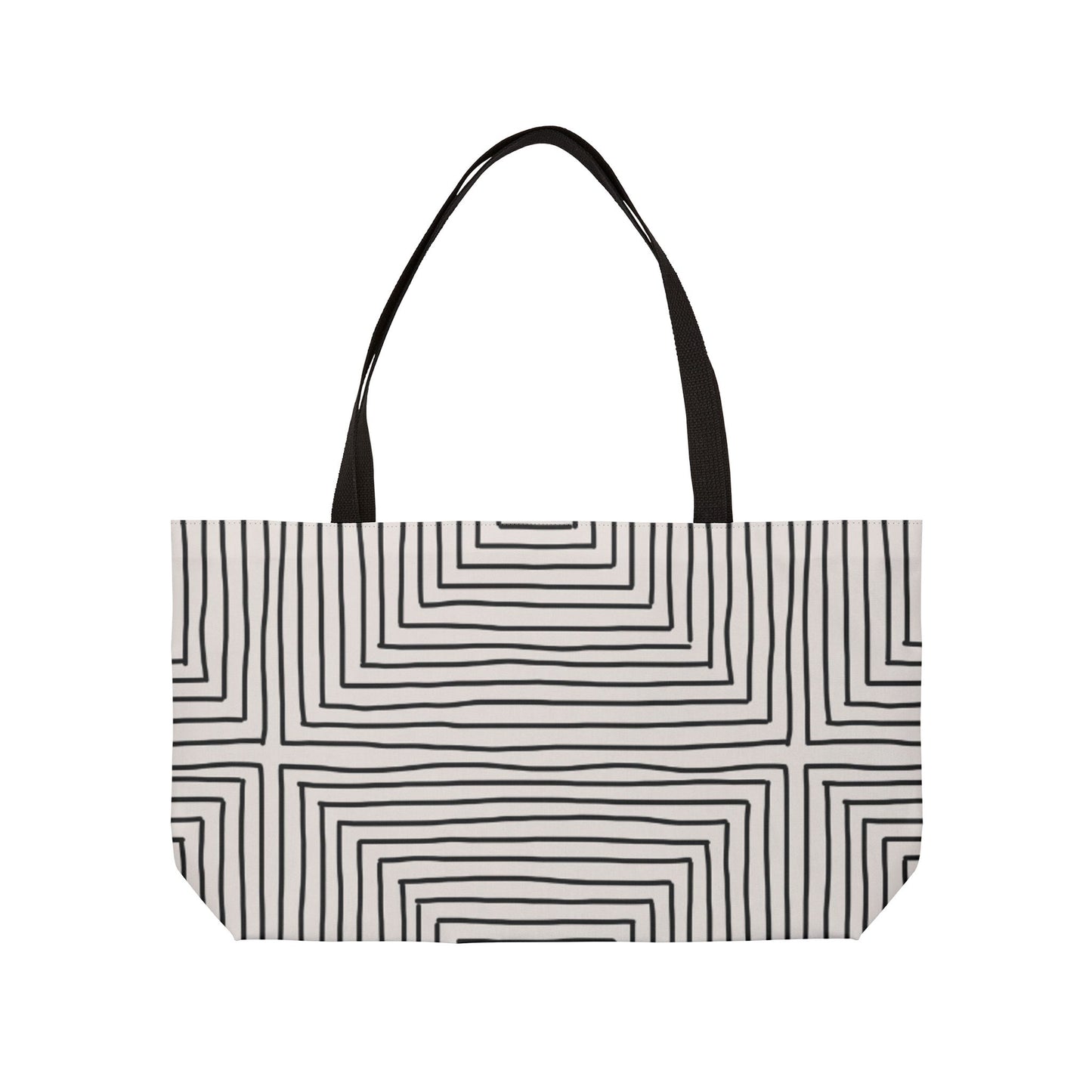 Tote bag with black and white geometric pattern on a white background