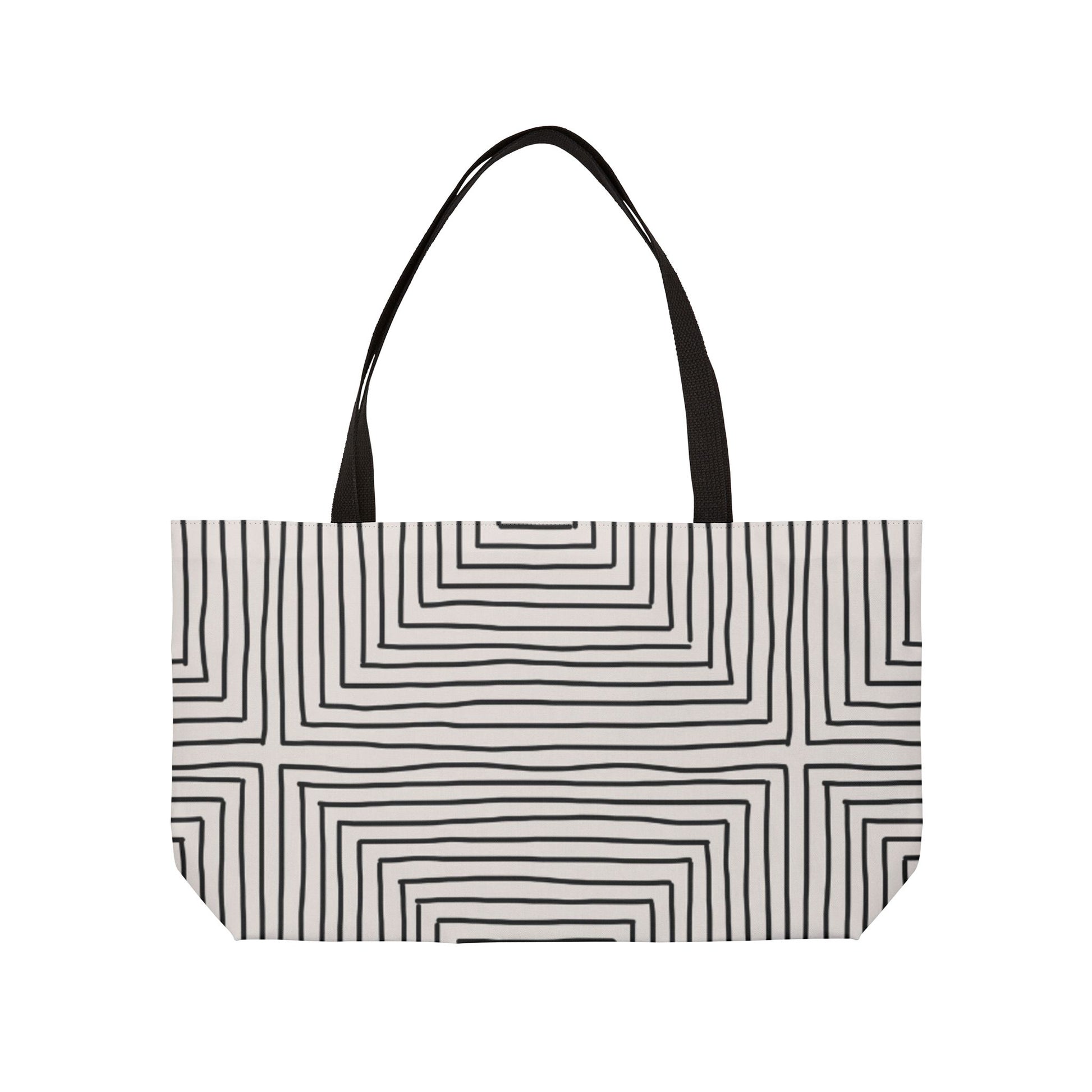 Tote bag with black and white geometric pattern on a white background