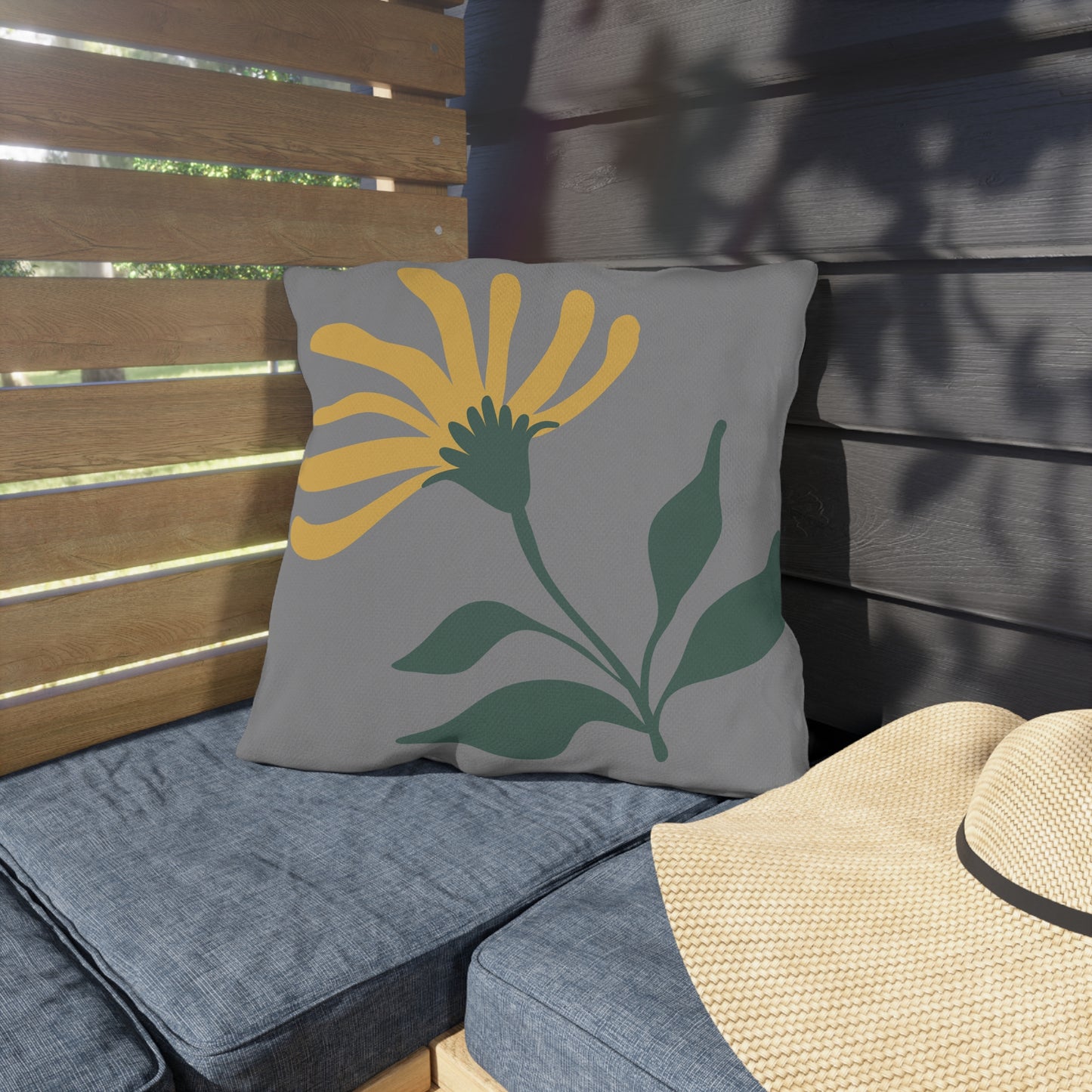 Yellow Flower Outdoor Throw Pillow | Gray Floral Patio Cushion