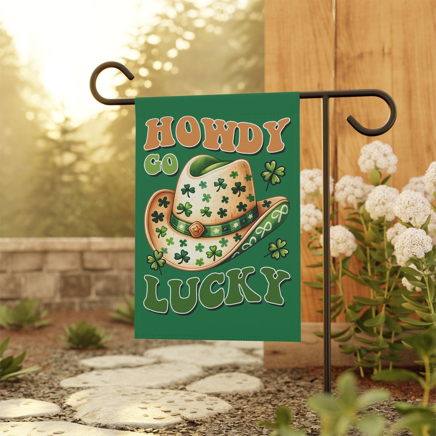Howdy Go Lucky St. Patrick’s Day Garden Flag | Shamrock Cowboy Hat Yard Flag | Irish Western Outdoor Decor | Funny St Patricks Flag