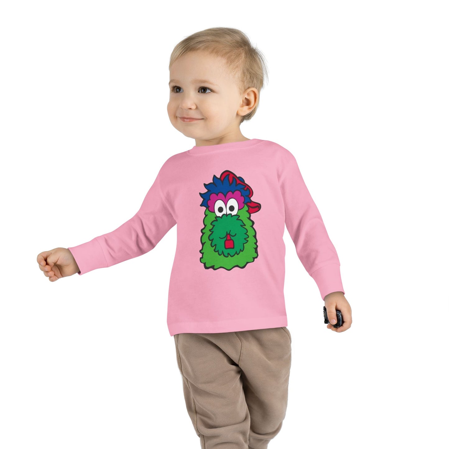 Cute Cartoon Mascot Kids Shirt – Fun Green Character Long Sleeve Tee