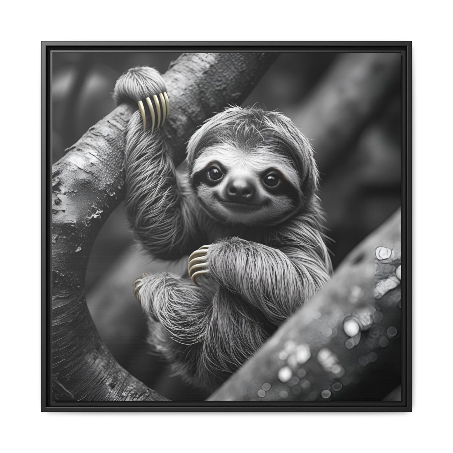 Smiling Sloth Hanging on Tree Branch Wall Art on Framed Canvas, Sloth Lover Gift, Nursery Decor, Wildlife Artwork