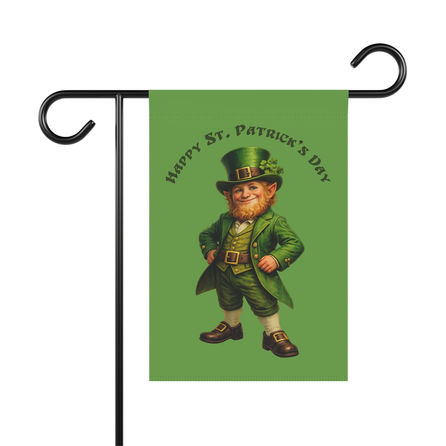 St. Patrick's Day garden flag with a leprechaun design on a green background.