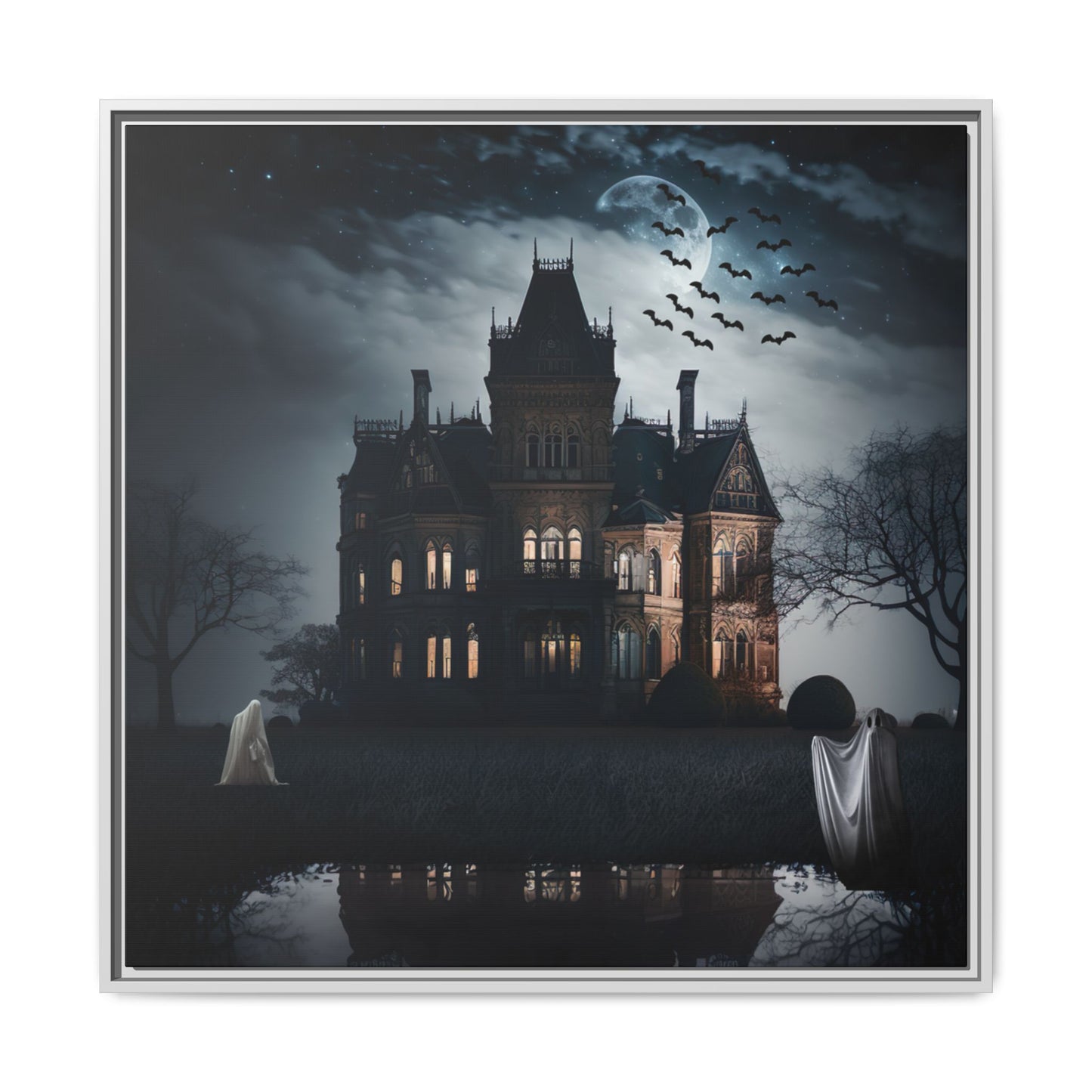 Mansion at night with ghosts and bats, framed artwork