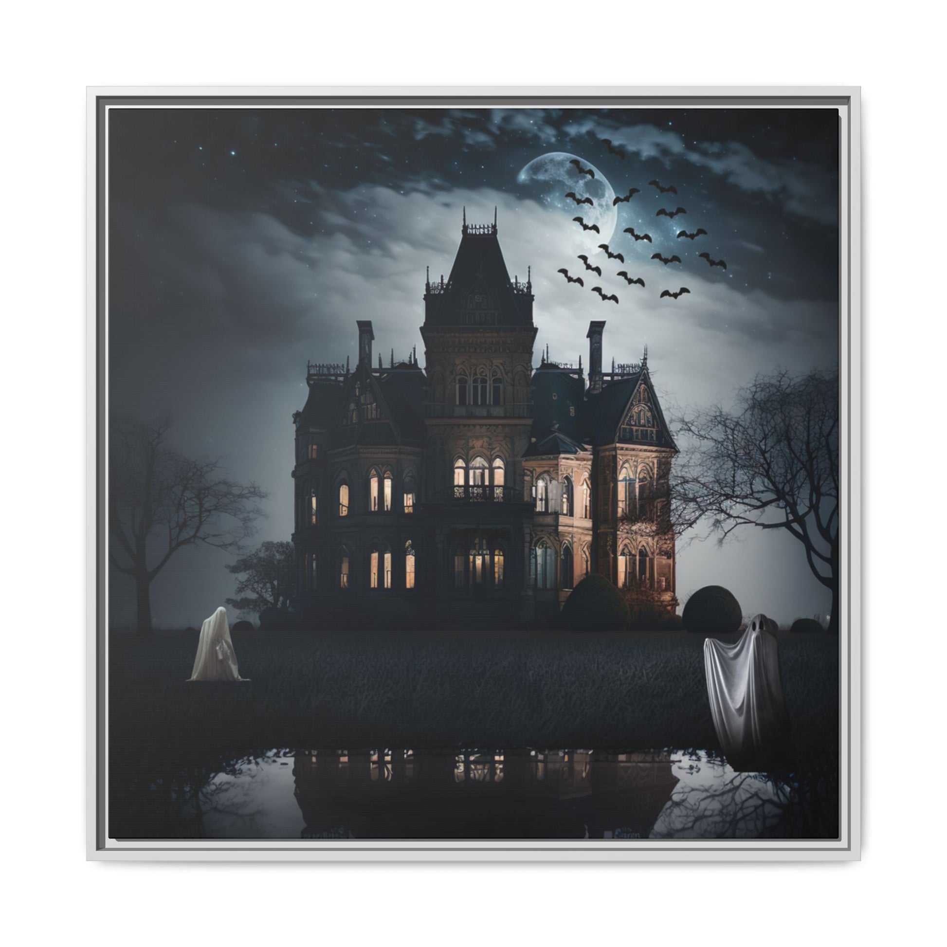 Mansion at night with ghosts and bats, framed artwork