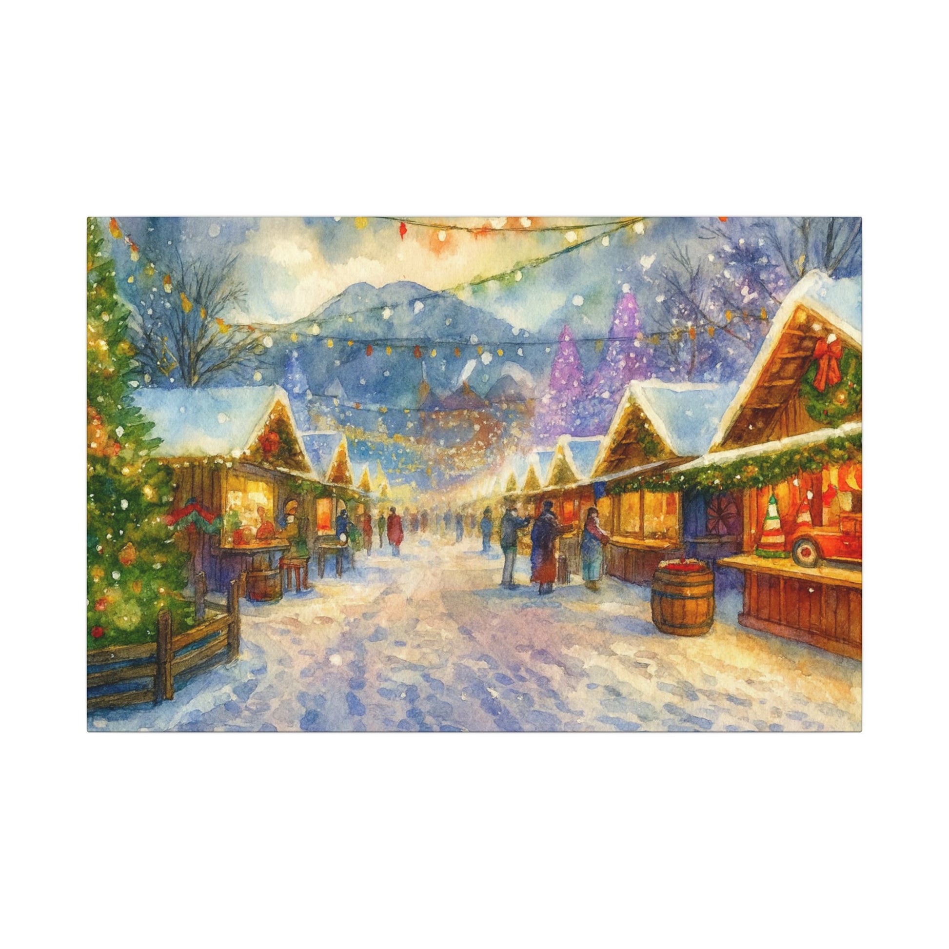 Winter market scene with snow-covered roofs and festive decorations.