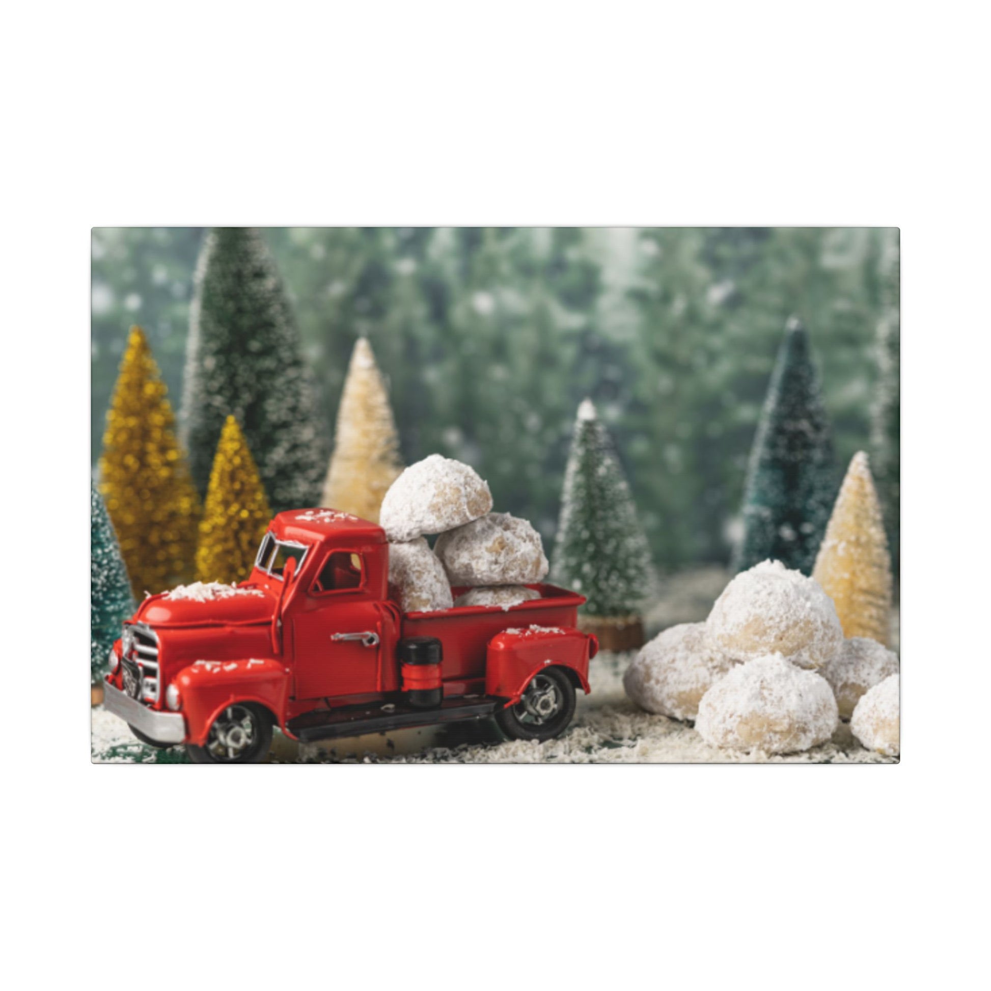 Red toy truck with snowballs in a snowy forest scene