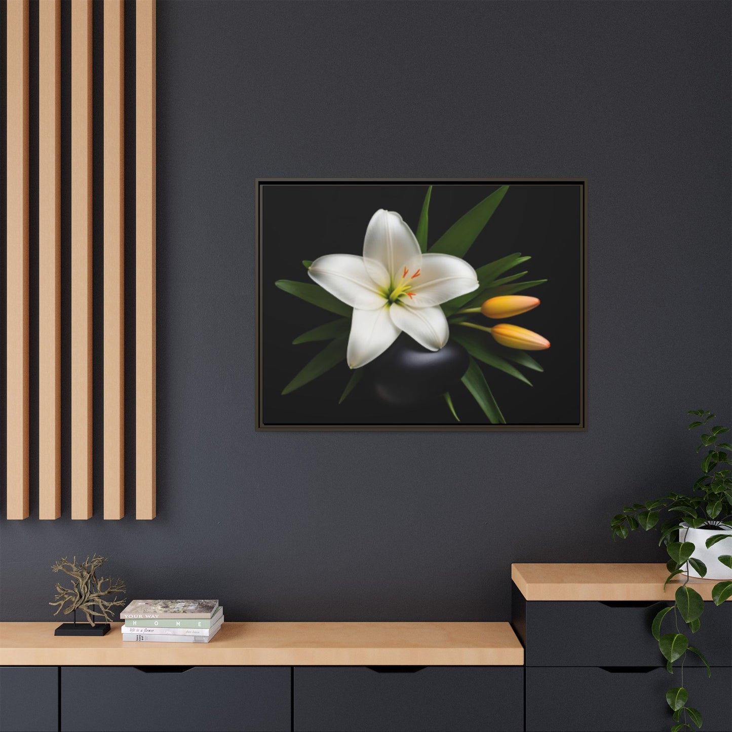 White Lily Wall Art Canvas Print Framed | Elegant Floral Wall Decor for Bedroom, Living Room, Bathroom