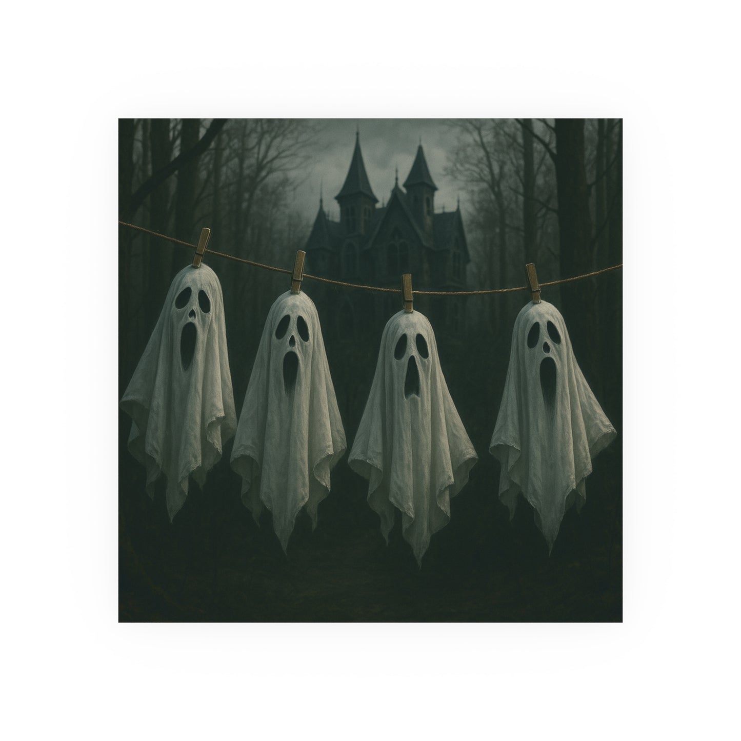 Four ghost-shaped white cloths hanging on a line with a spooky castle in the background.