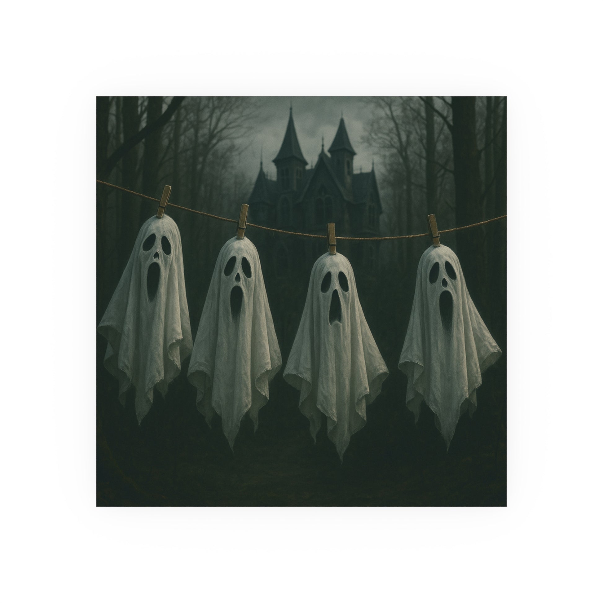 Four ghost-shaped white cloths hanging on a line with a spooky castle in the background.