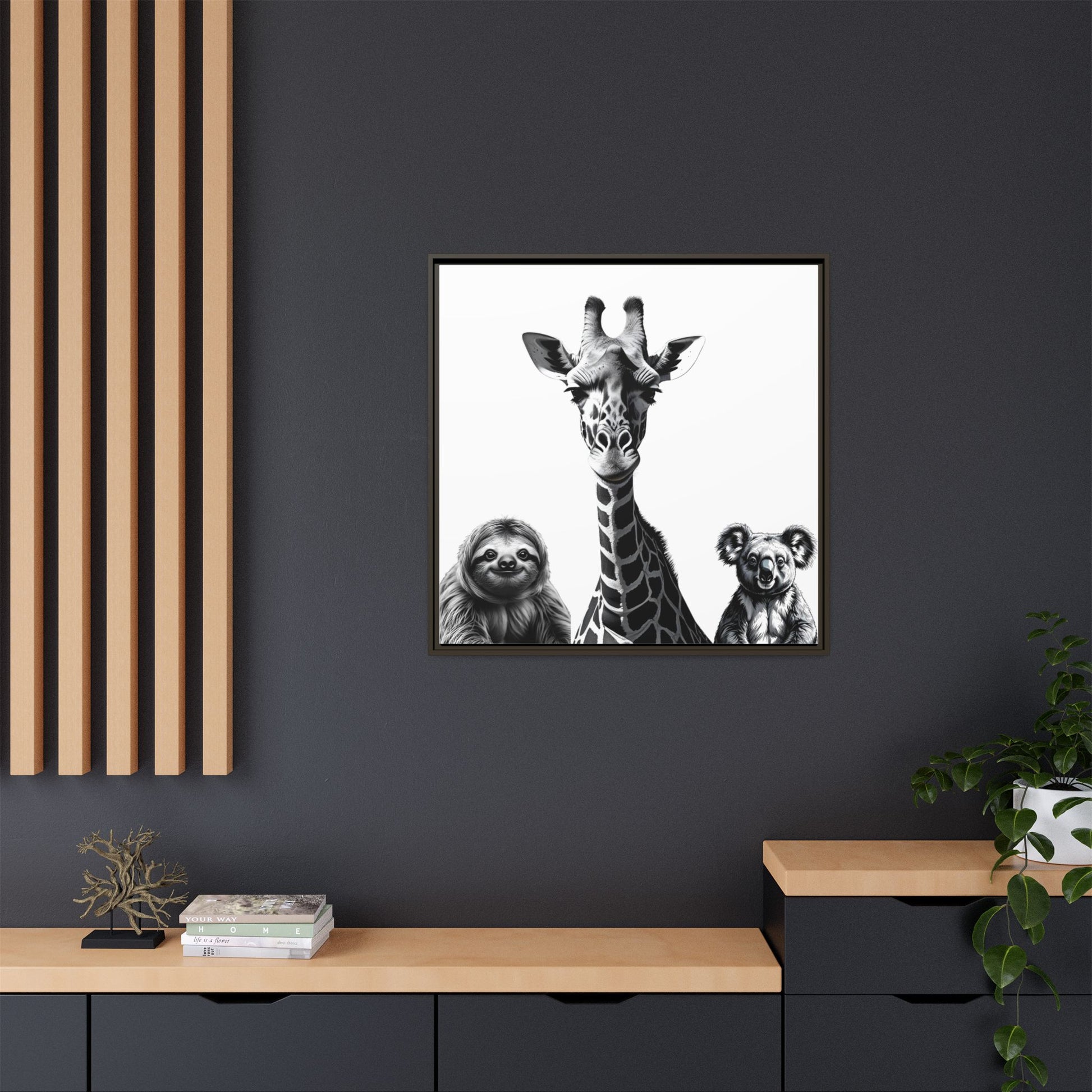 framed playful animal giraffe, sloth, koala print