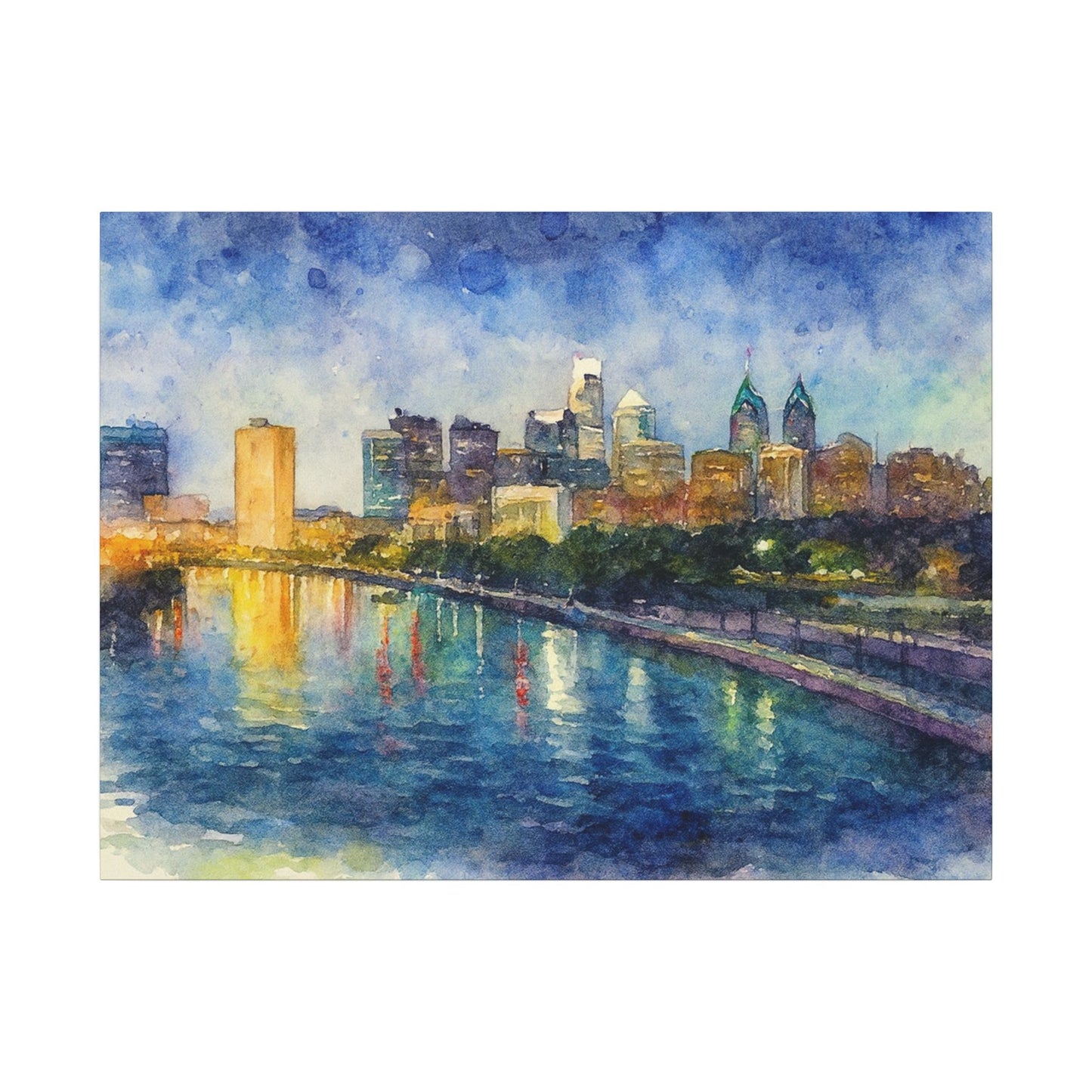 City skyline reflected in water with a colorful sky