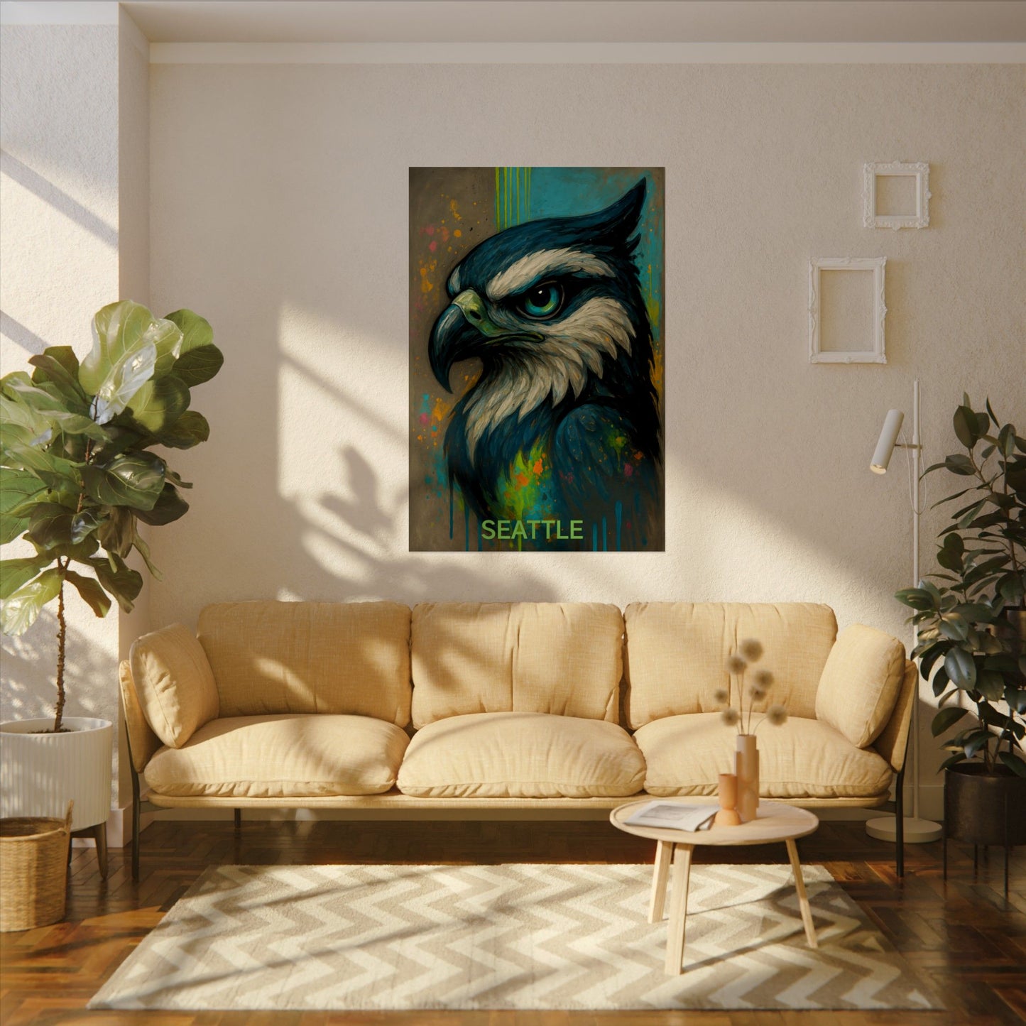 Living room with a beige sofa, coffee table, and wall art of an eagle with 'Seattle' text.