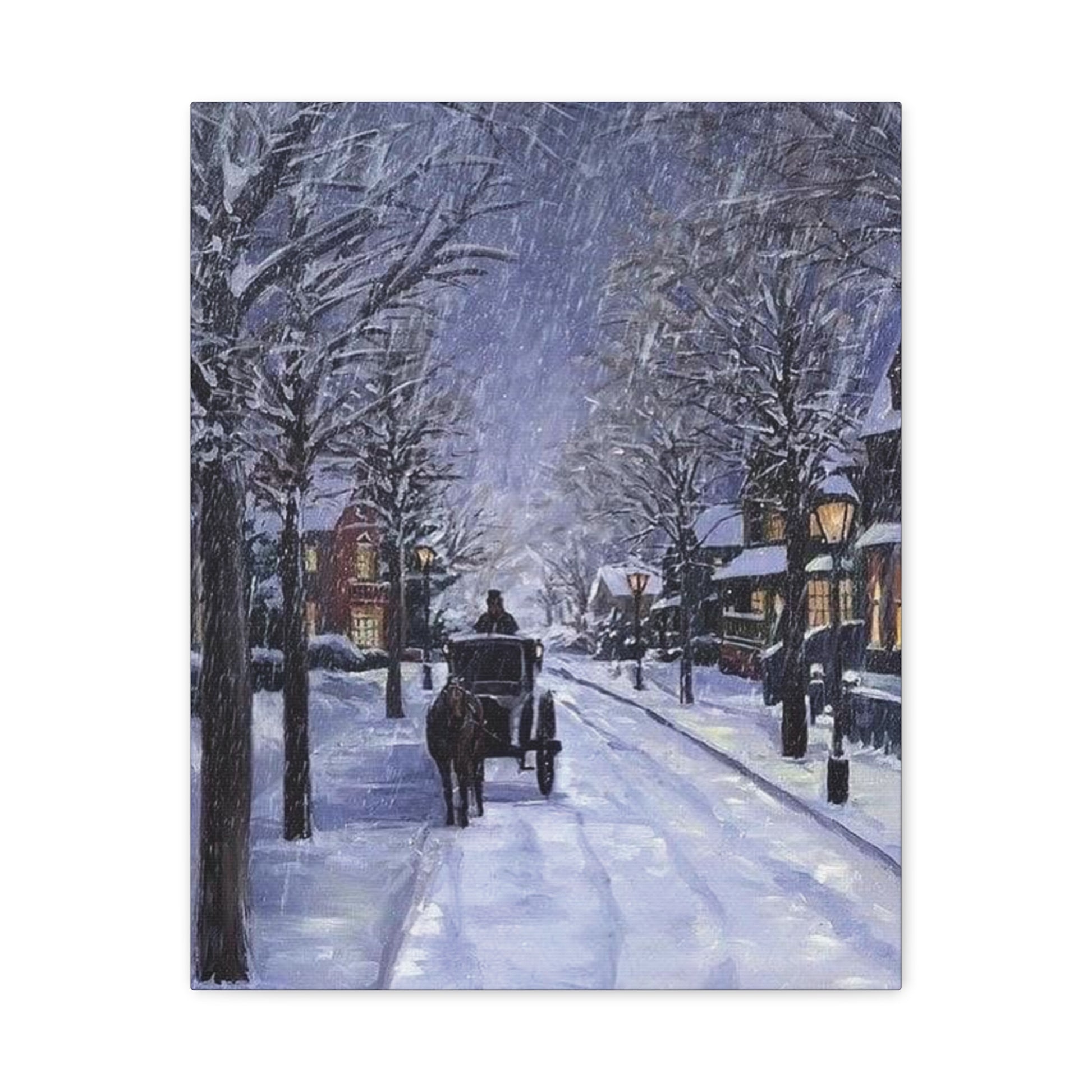 Winter scene with a horse-drawn carriage on a snow-covered street.
